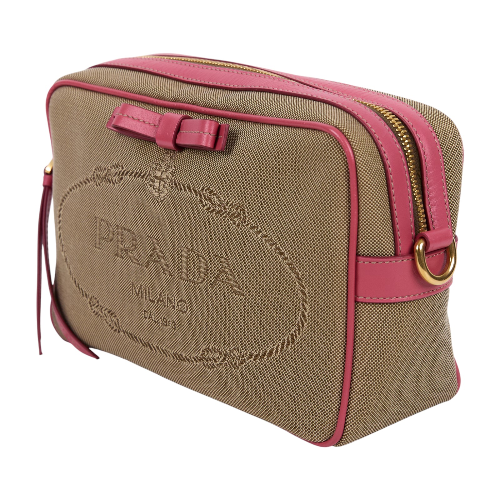 普拉達 PRADA Jacquard 單肩包 相機包 1BH089_UCW 卡其粉邊相機包 防塵袋