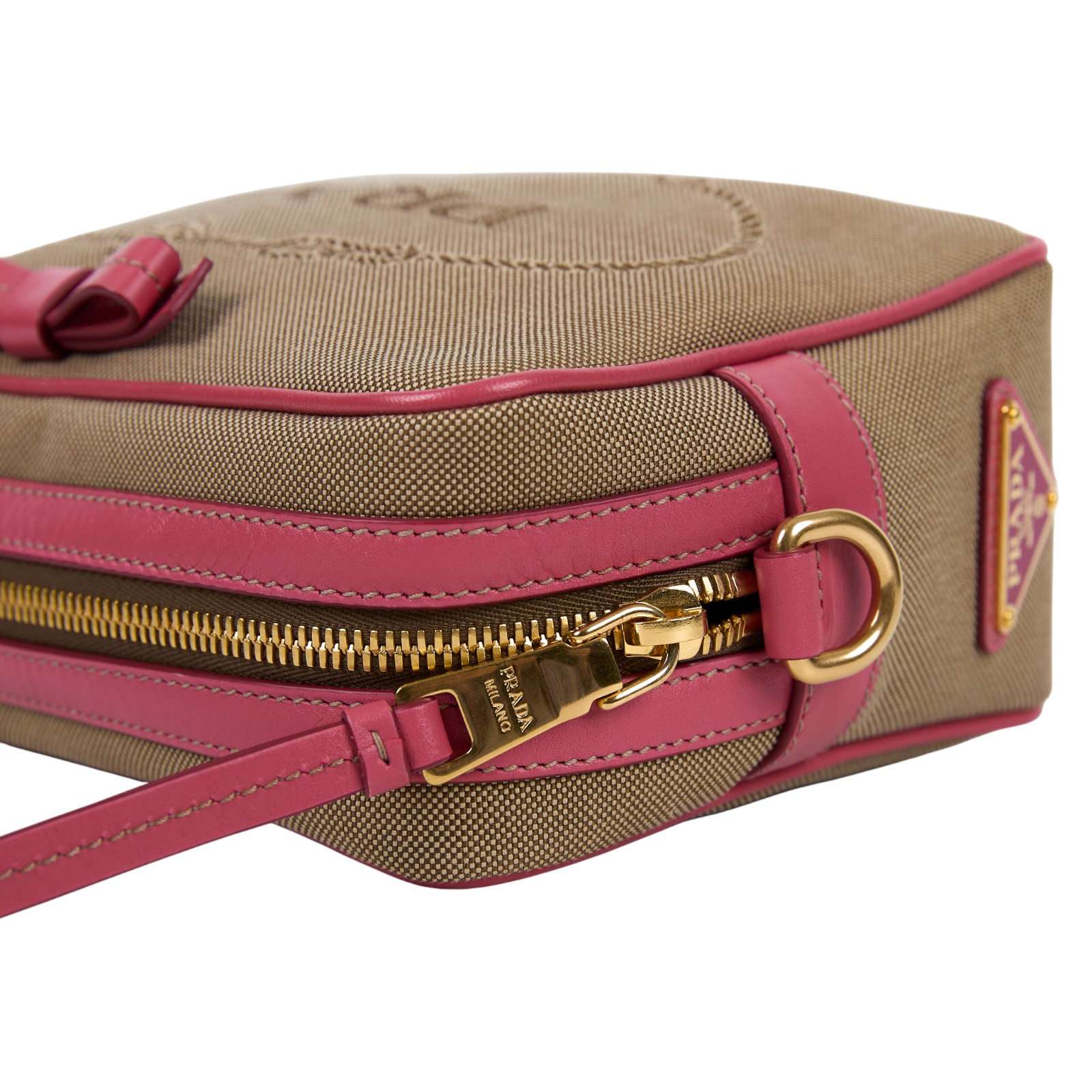 普拉達 PRADA Jacquard 單肩包 相機包 1BH089_UCW 卡其粉邊相機包 防塵袋