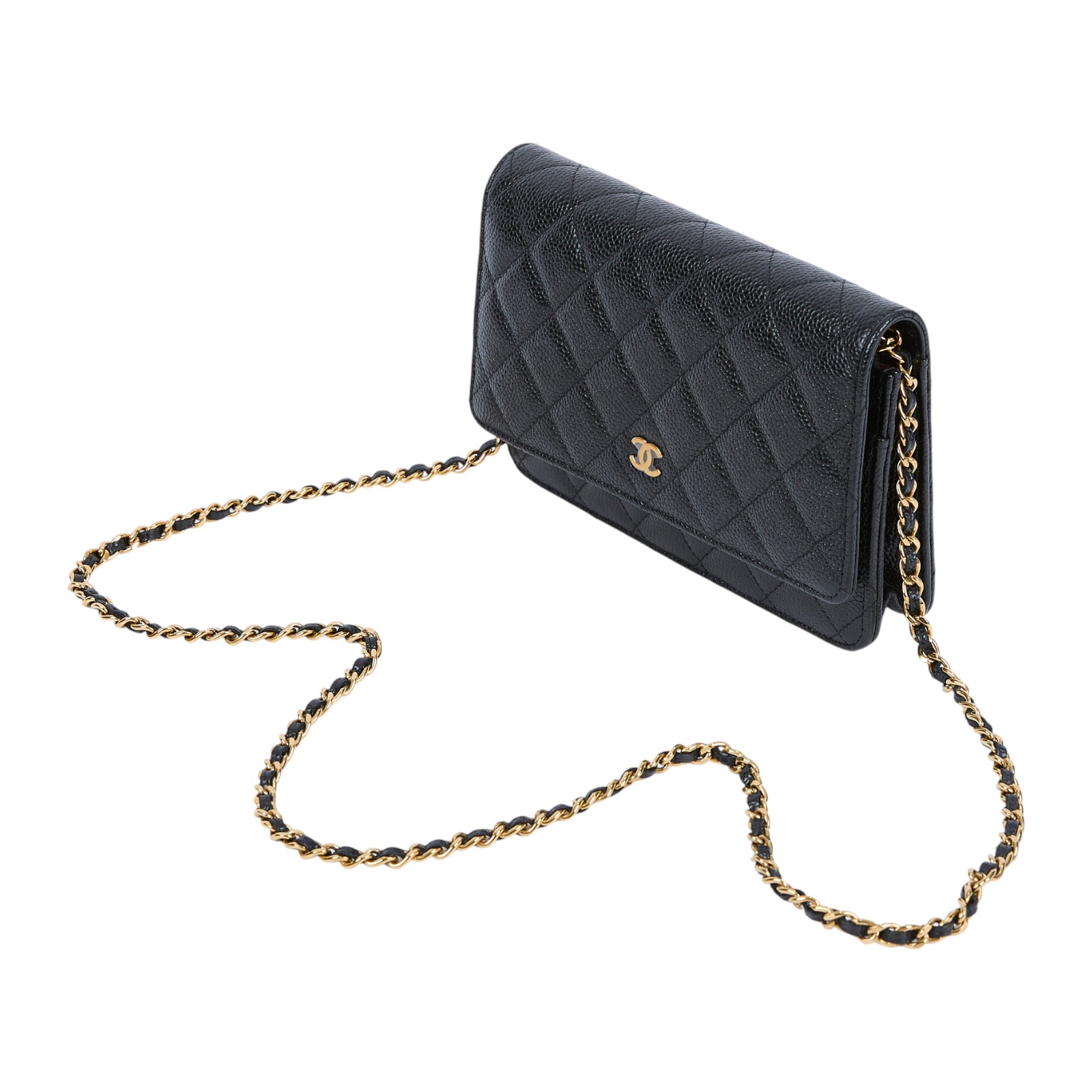 香奈兒 CHANEL 經典鏈子皮夾 菱格紋 CC LOGO AP0250 Y01864 晶片款 黑金荔枝WOC 原廠盒子/防塵袋/購買證明影本