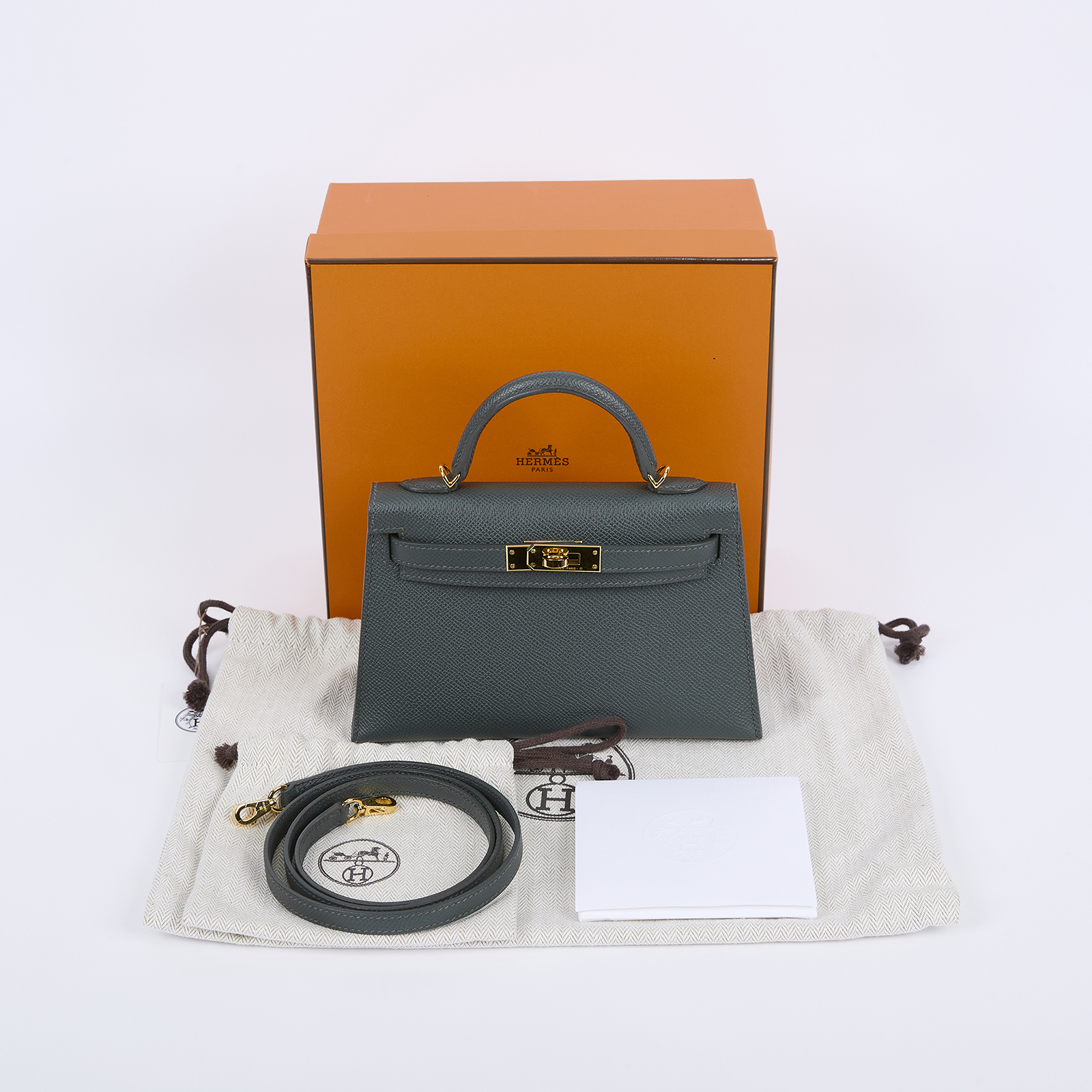 愛馬仕 Hermes Kelly Bag 凱莉包 mini KLM W刻 灰綠金MINI KELLY 原廠盒子/防塵袋/背帶
