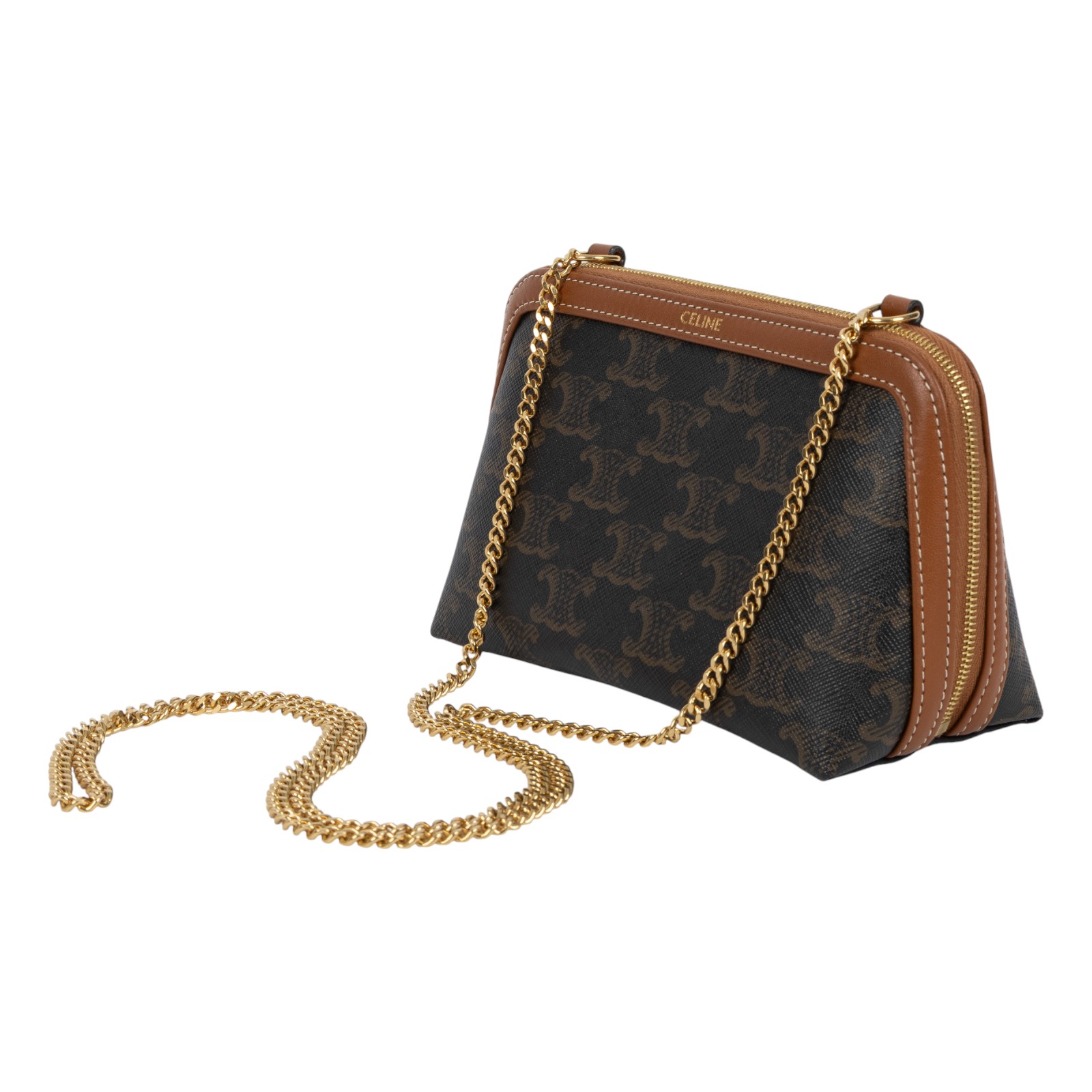 思琳 CELINE 標誌印花飾鍊 手提包 10E382CBX 棕凱旋金鍊包 原廠盒子/防塵袋