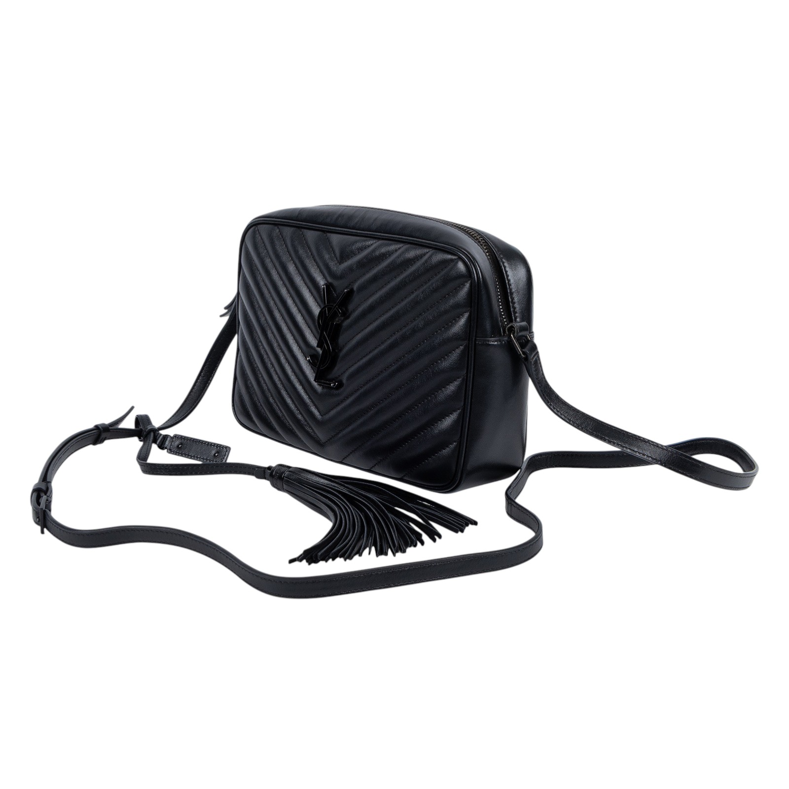 聖羅蘭 YSL SAINT LAURENT Monogram V字紋 流蘇 斜背包 520534DV708 SO BLACK流蘇相機包 無附屬品