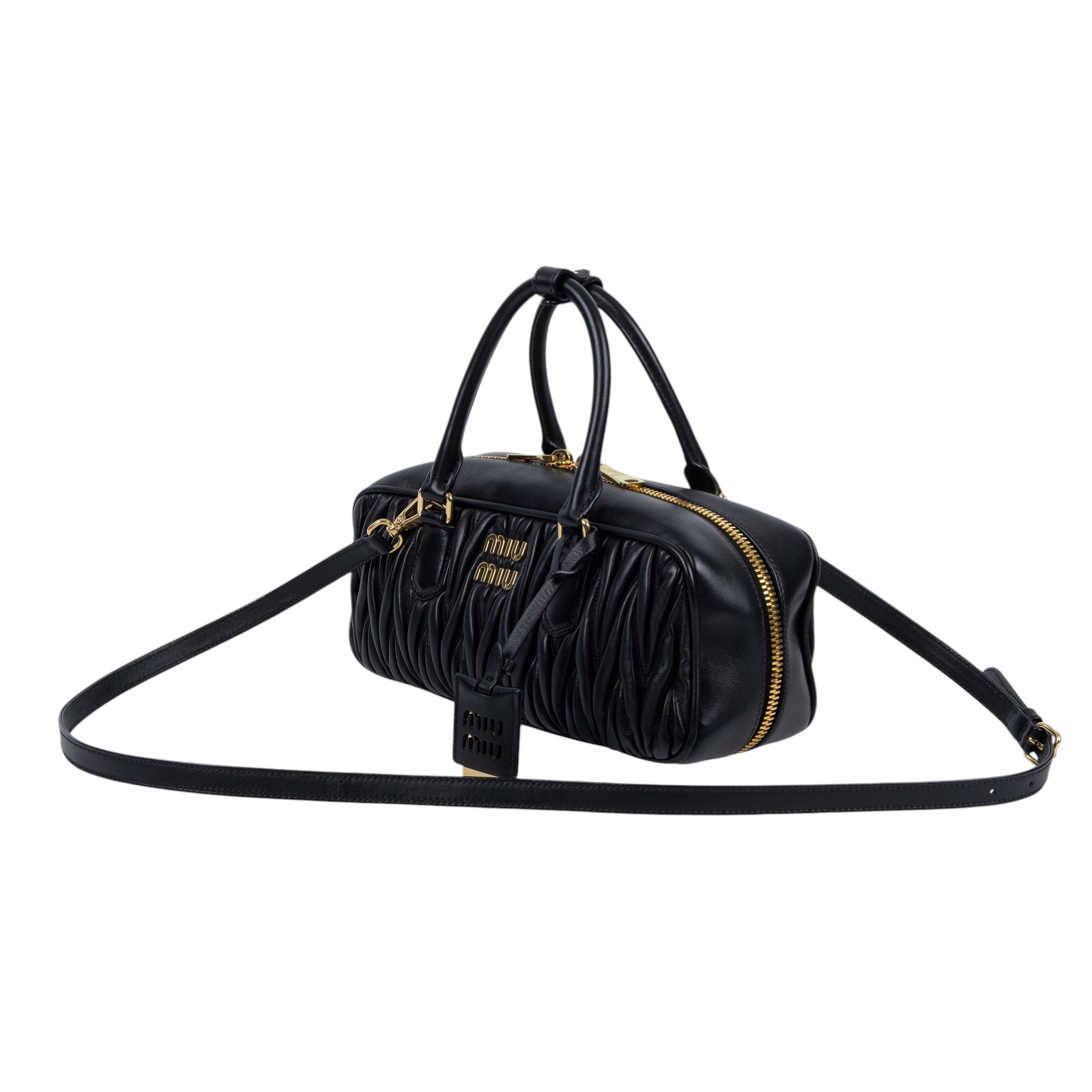 繆繆 MIU MIU Arcadie 皮革 手袋 大型 5BB148_AN88 黑抓皺Arcadie matelassé 原廠盒子/防塵袋/背帶/發票