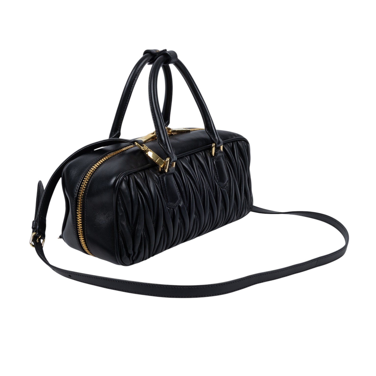 繆繆 MIU MIU Arcadie 皮革 手袋 大型 5BB148_AN88 黑抓皺Arcadie matelassé 原廠盒子/防塵袋/背帶/發票