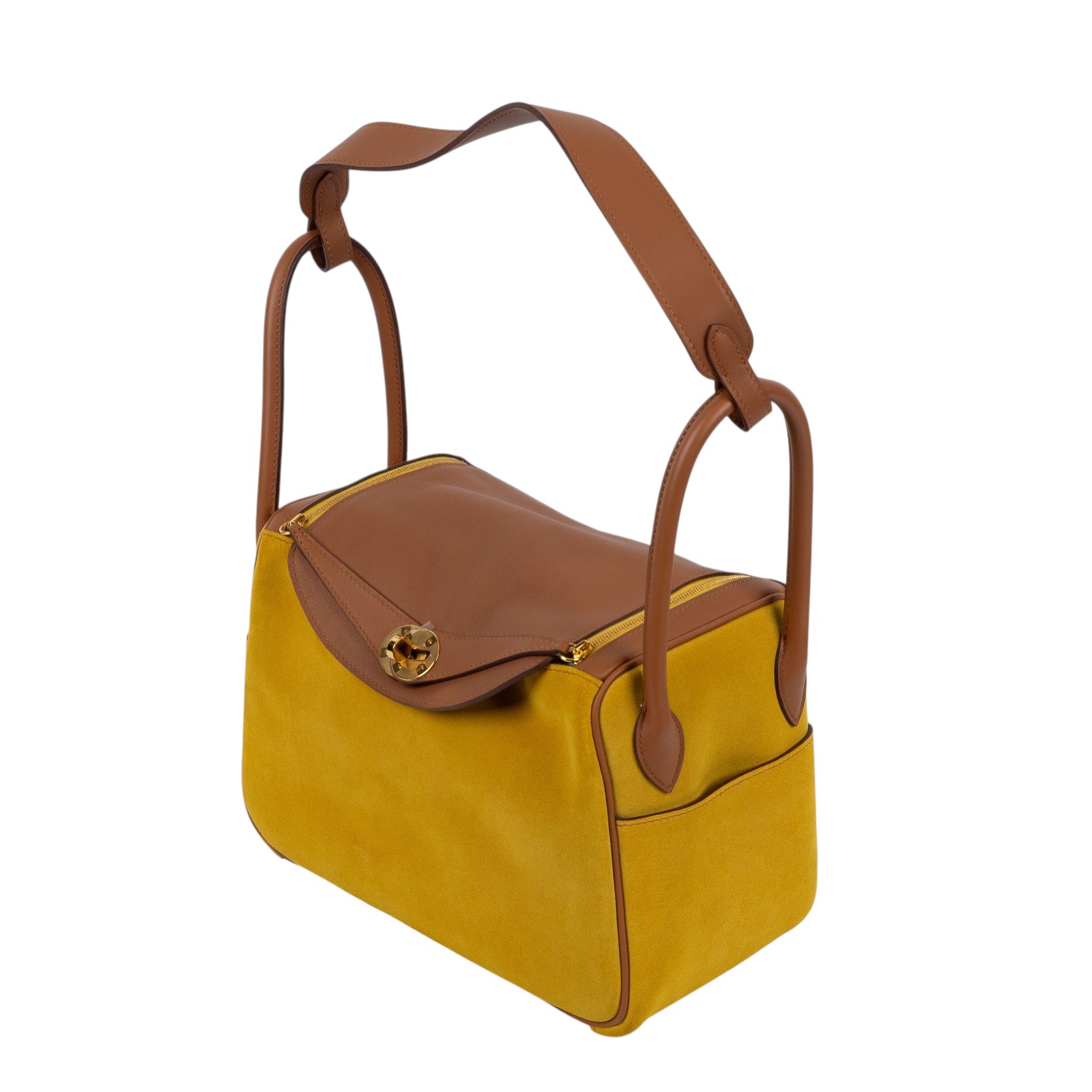 愛馬仕 Hermes Lindy 琳迪包 26 LD26 D刻 金棕拼琥珀黃麂皮LINDY26 原廠盒子/防塵袋