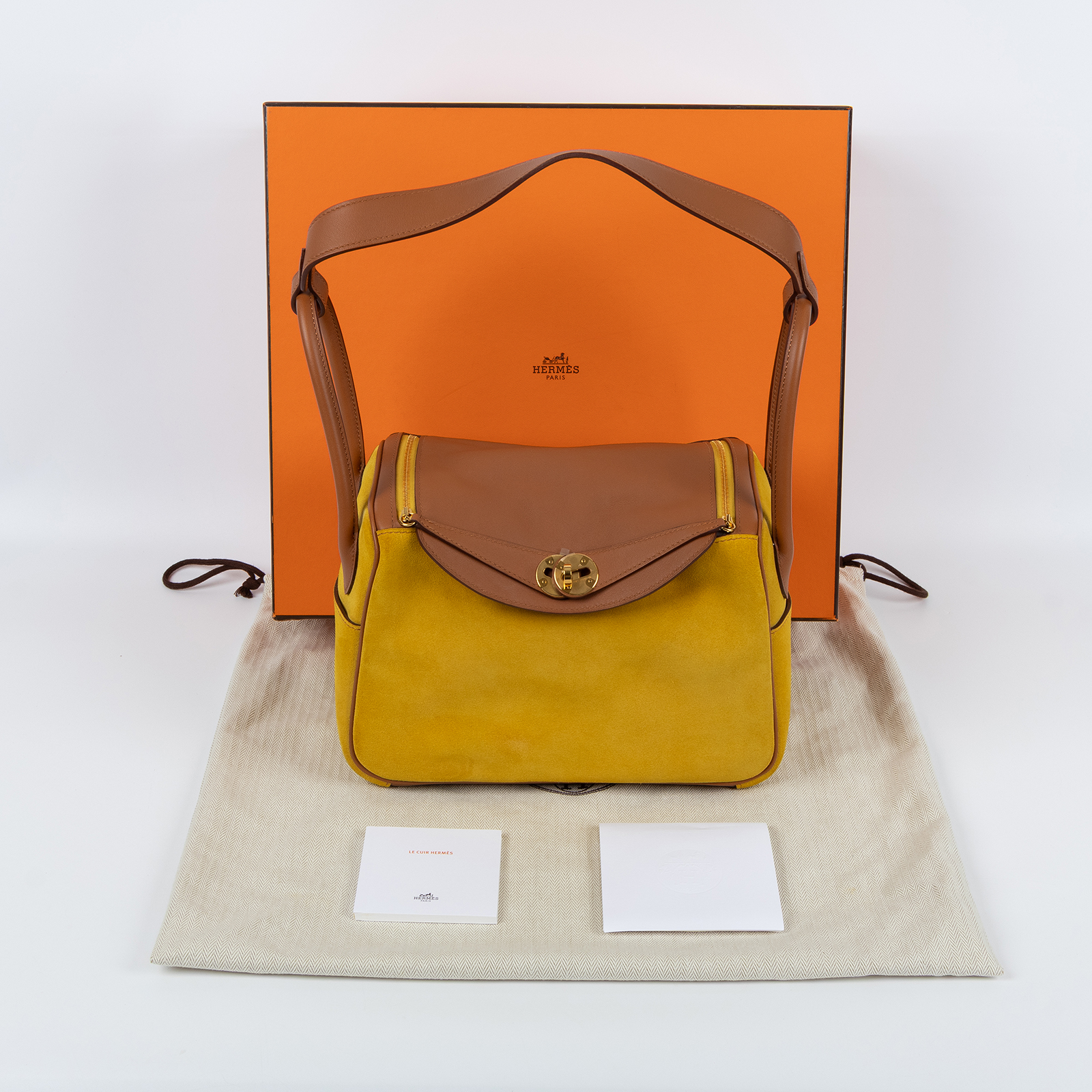 愛馬仕 Hermes Lindy 琳迪包 26 LD26 D刻 金棕拼琥珀黃麂皮LINDY26 原廠盒子/防塵袋