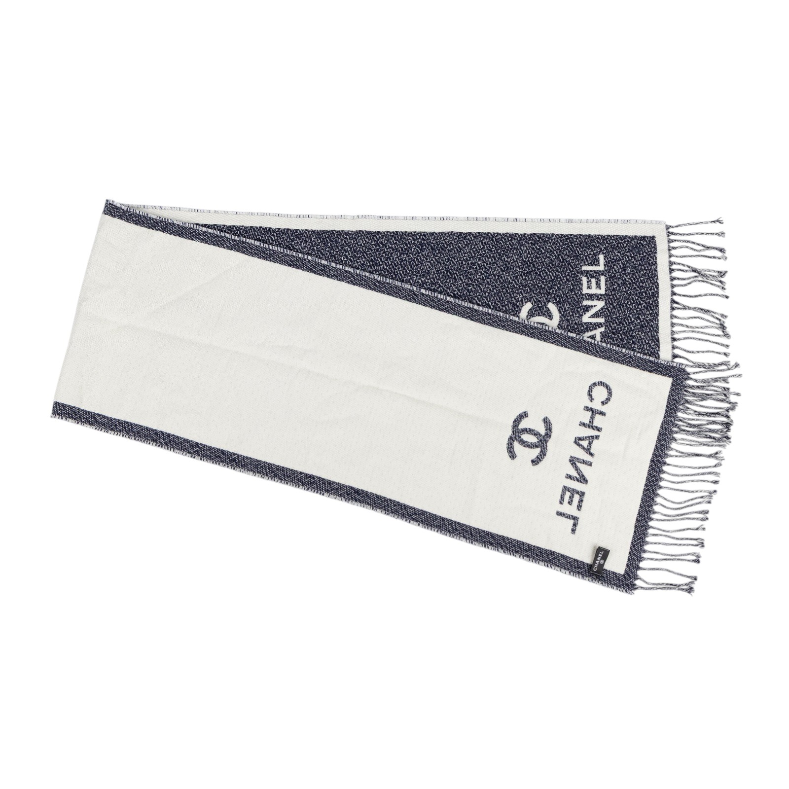 香奈兒 CHANEL 圍巾 披肩  白/深藍雙面羊毛圍巾 無附屬品