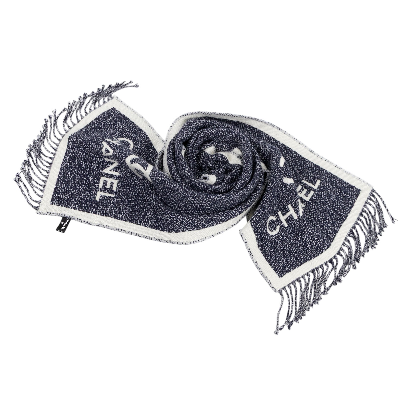 香奈兒 CHANEL 圍巾 披肩  白/深藍雙面羊毛圍巾 無附屬品
