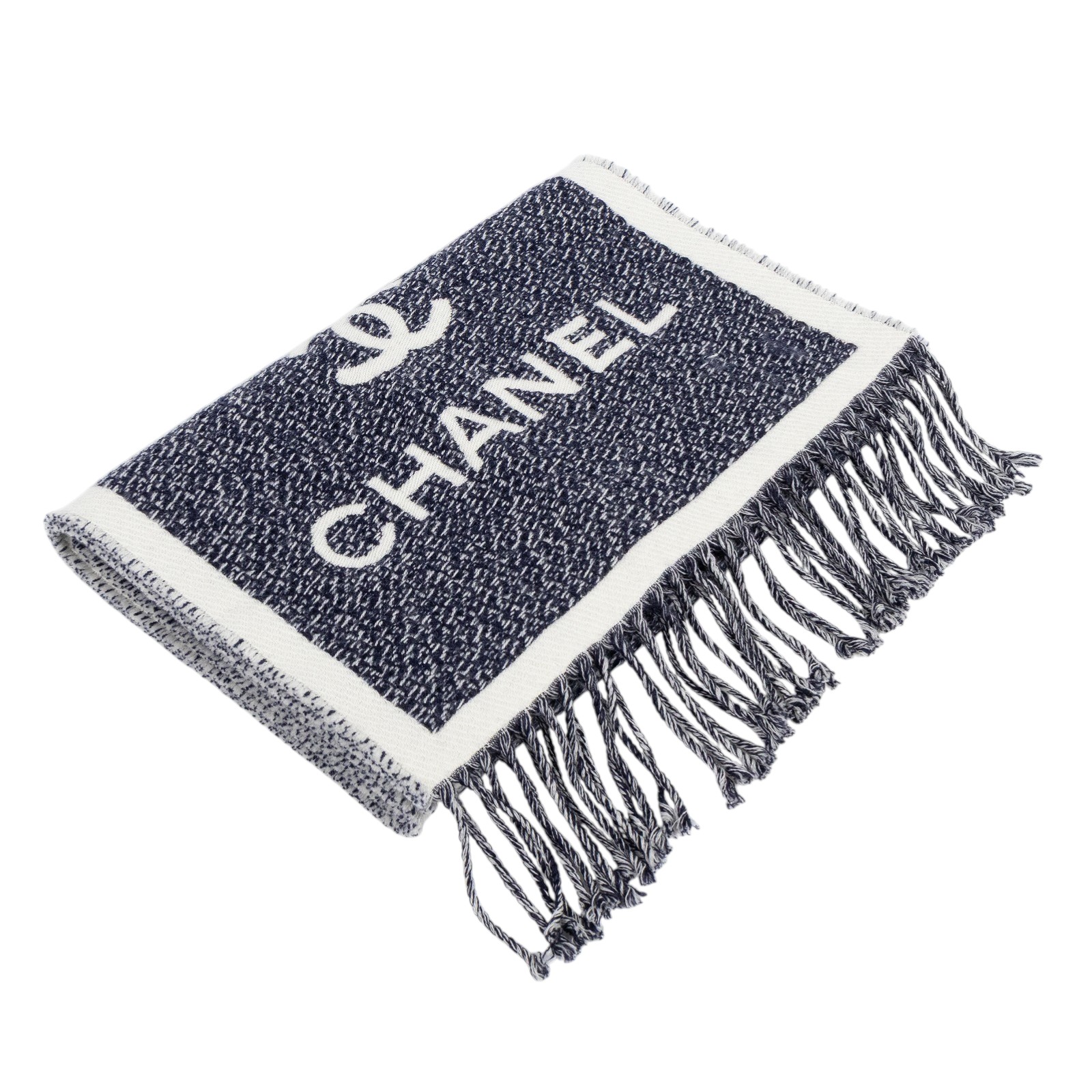 香奈兒 CHANEL 圍巾 披肩  白/深藍雙面羊毛圍巾 無附屬品
