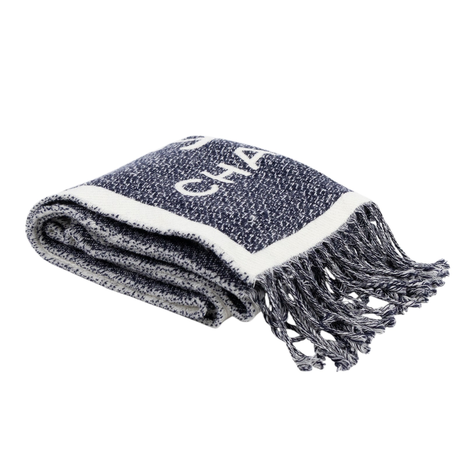 香奈兒 CHANEL 圍巾 披肩  白/深藍雙面羊毛圍巾 無附屬品