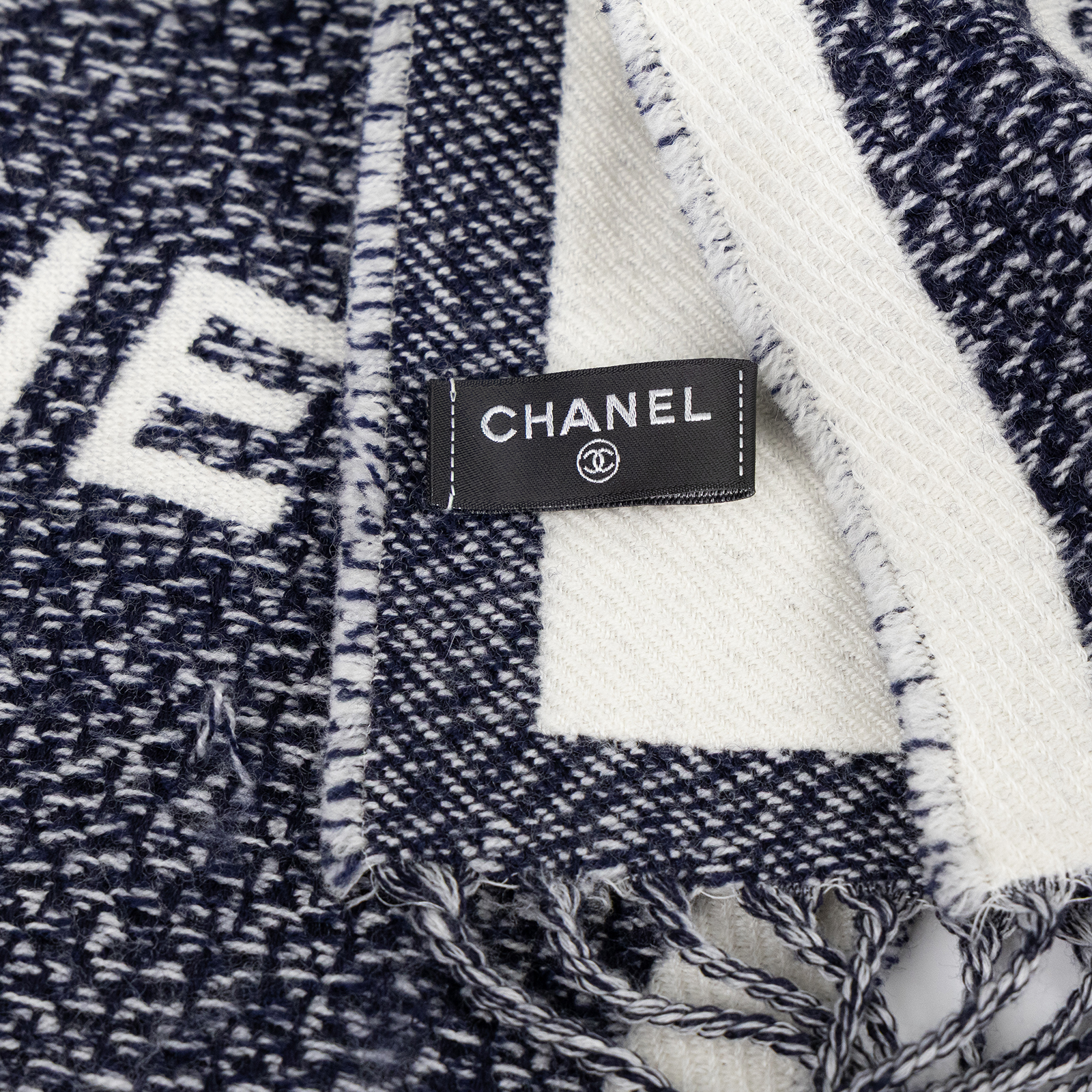 香奈兒 CHANEL 圍巾 披肩  白/深藍雙面羊毛圍巾 無附屬品