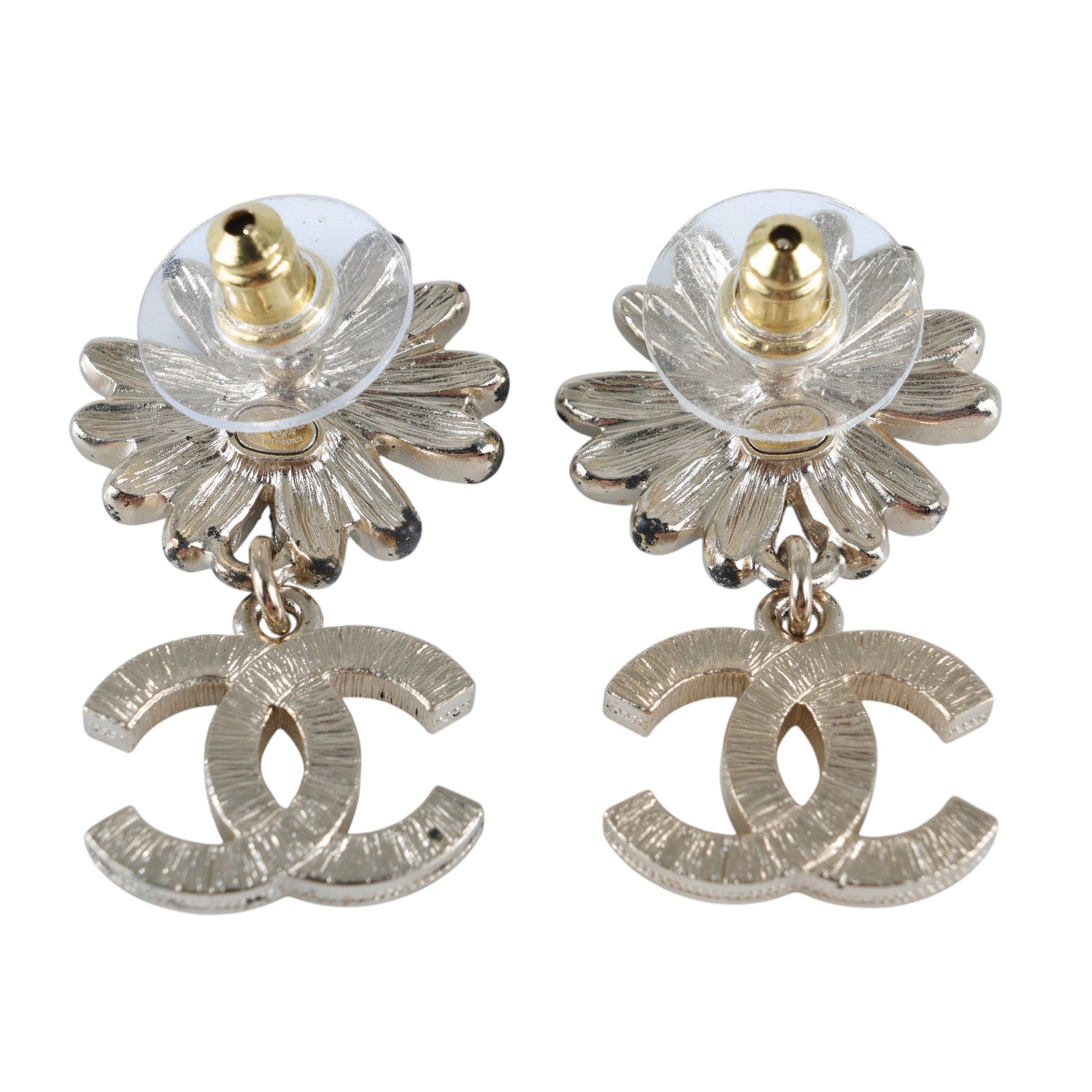 香奈兒 CHANEL CC LOGO 耳環 耳釘 A22K 金色雙C花卉垂墜耳環 原廠盒子