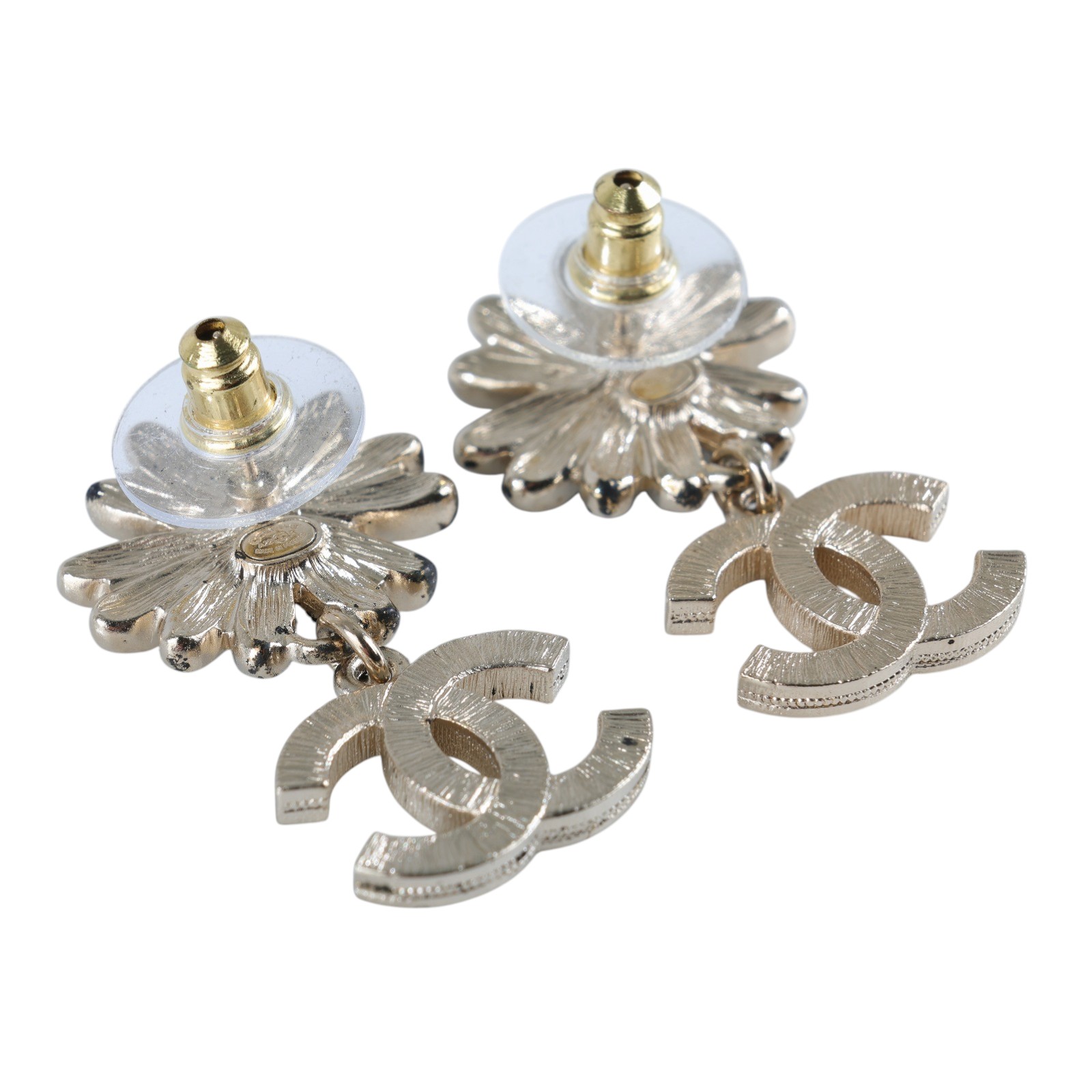 香奈兒 CHANEL CC LOGO 耳環 耳釘 A22K 金色雙C花卉垂墜耳環 原廠盒子