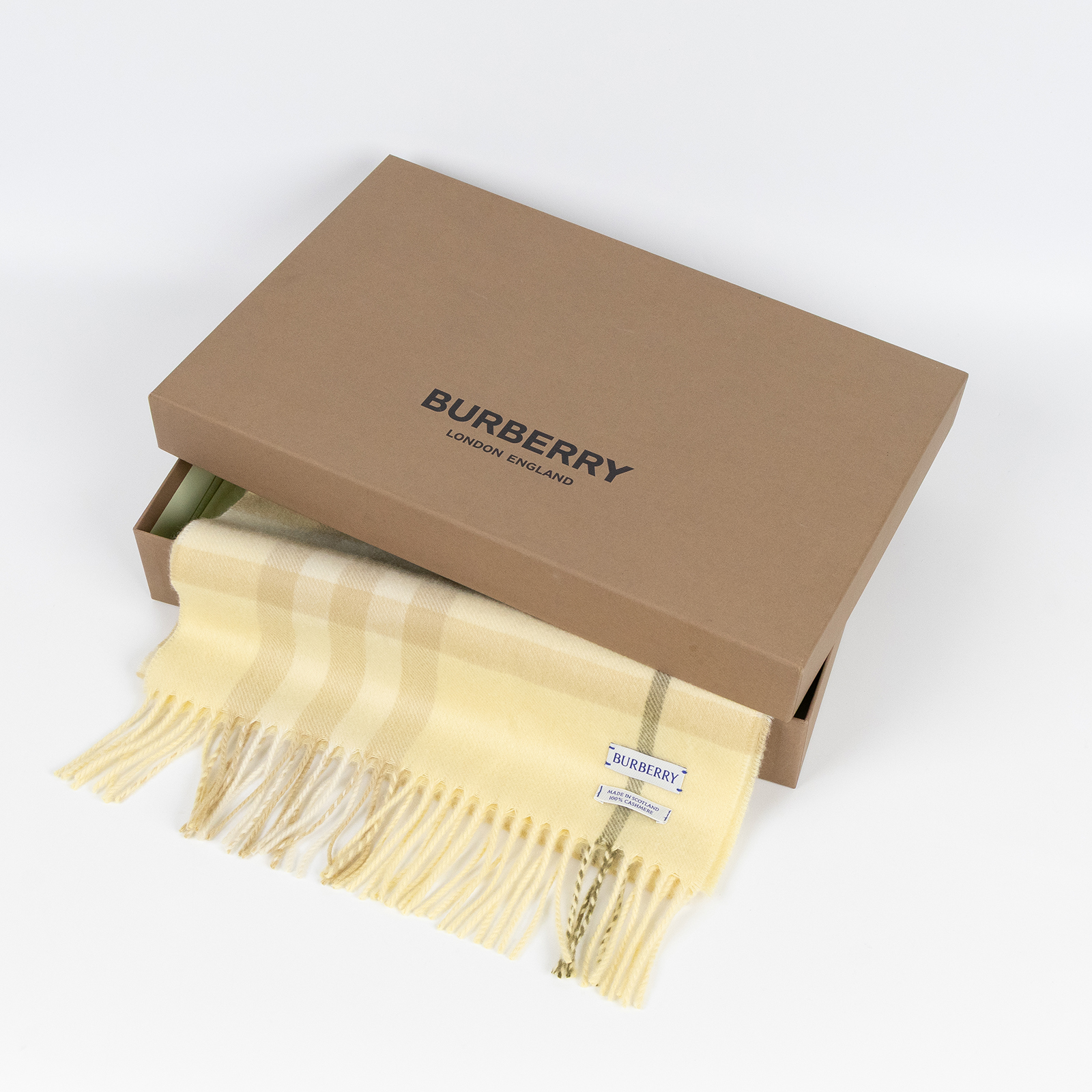 博柏利 BURBERRY 格紋 羊絨 圍巾 81127101 淺黃格紋圍巾 原廠盒子