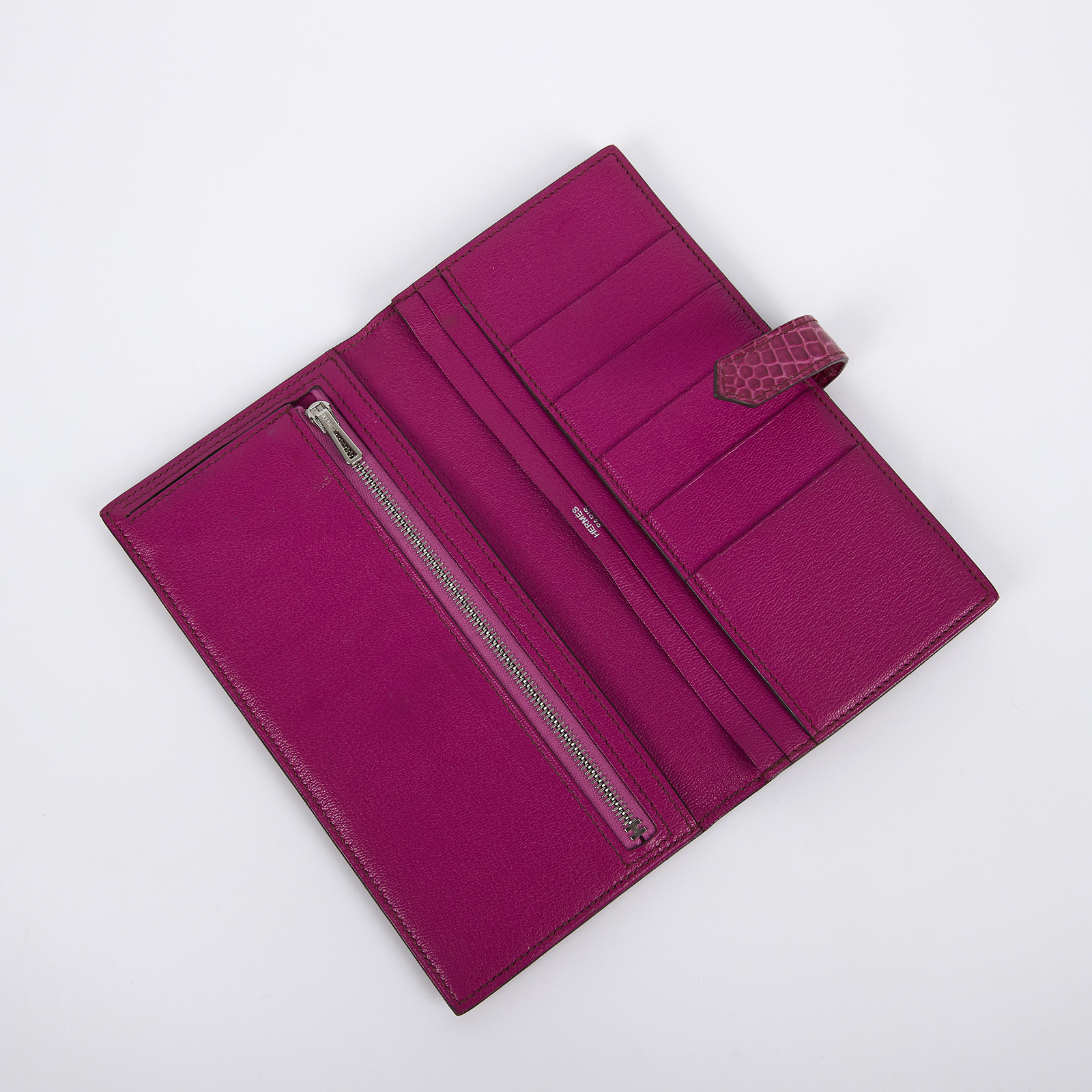 愛馬仕 Hermes Bearn Soufflet 長夾 銀色五金 桃紅色 H047208CK5J /口M刻 FUCHSIA鱷魚皮BEARN長夾 原廠盒子