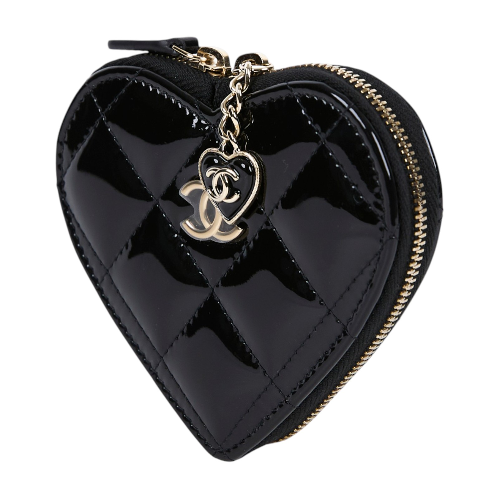 香奈兒 CHANEL CC LOGO 漆面 零錢包 錢包 掛飾  晶片款 黑漆皮愛心零錢包 原廠盒子/防塵袋