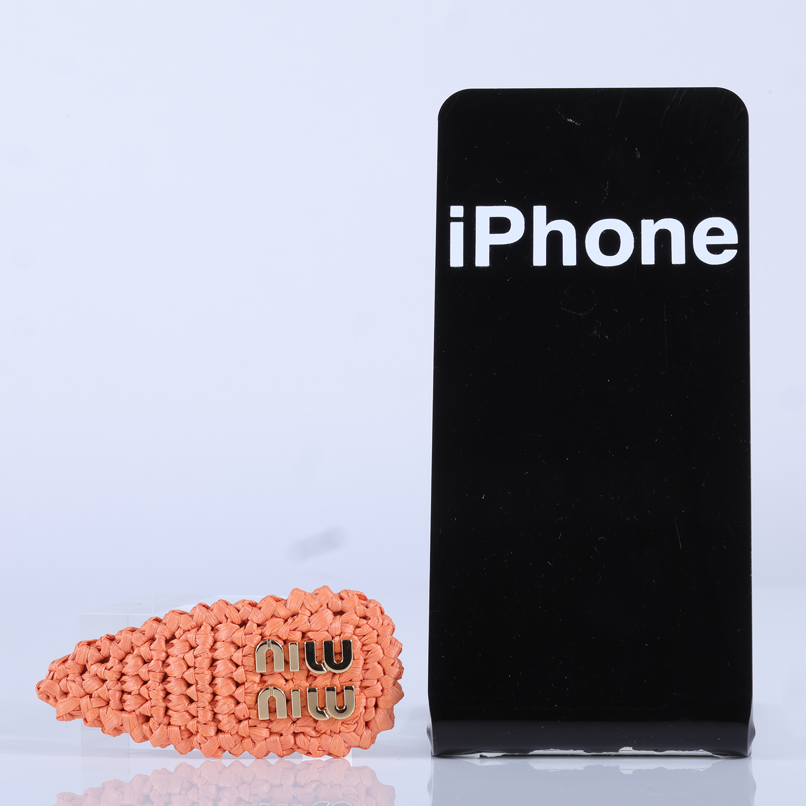 繆繆 MIU MIU 拉菲草 髮夾 5IF092_2F73 橘編織髮夾 原廠盒子