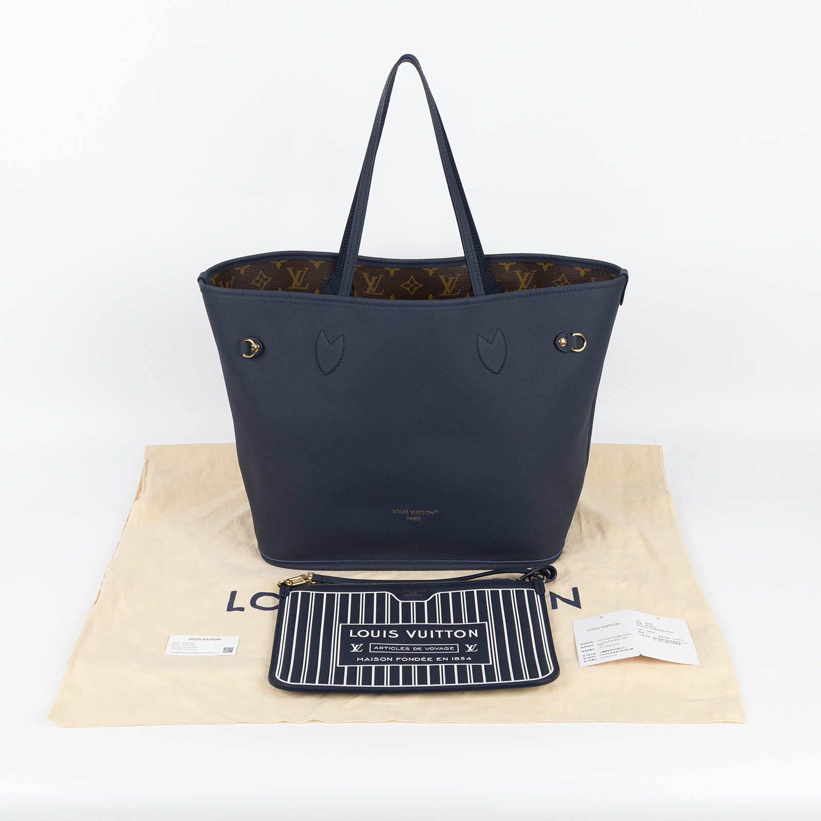 路易威登 LOUIS VUITTON Neverfull Inside Out MM 老花 牛皮 肩背包 雙面 海軍藍色 M14994 晶片款  防塵袋/內袋