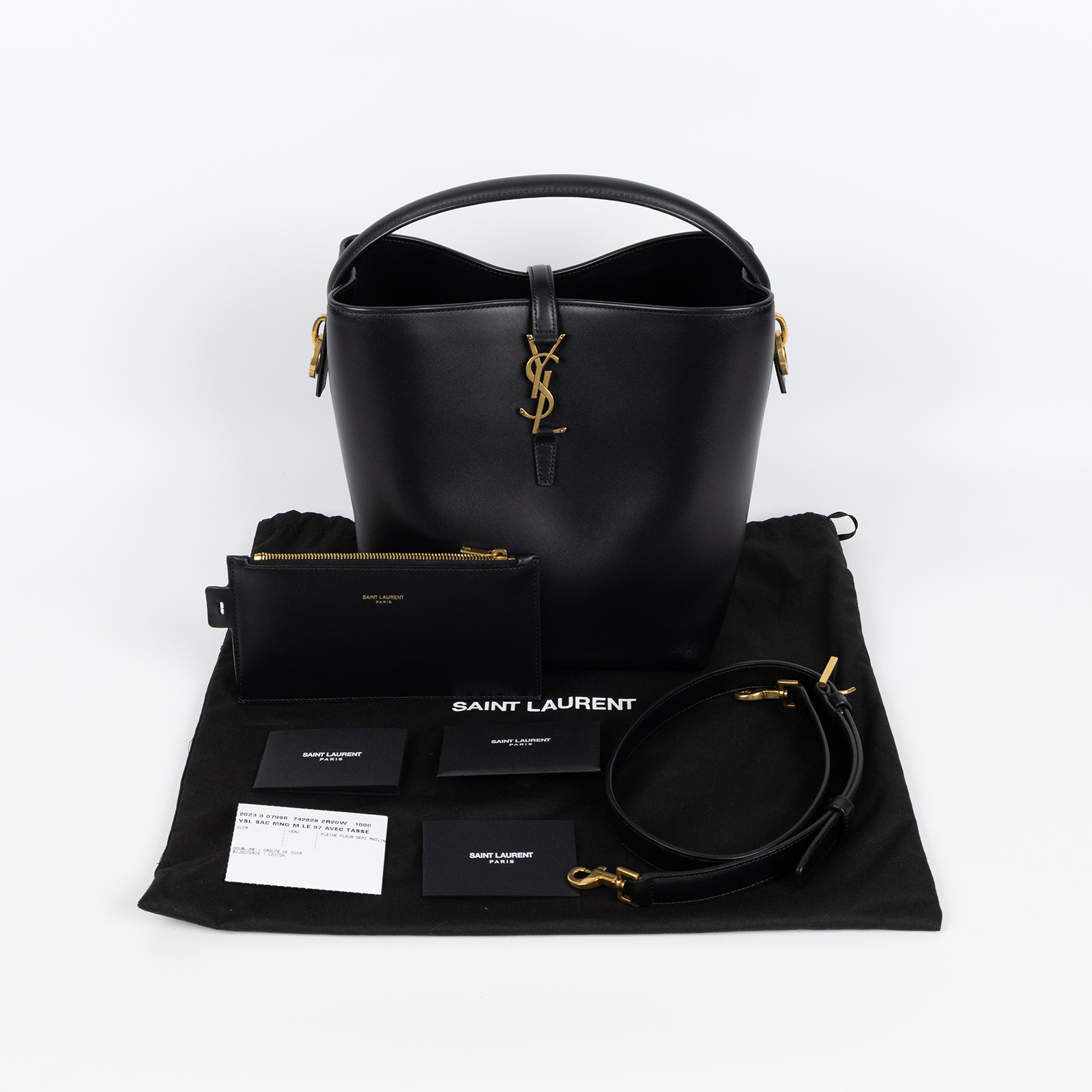 聖羅蘭 YSL SAINT LAURENT le 37 亮面皮革手袋 7428282R20W 黑金小牛皮LE 37二用水桶包 防塵袋/背帶