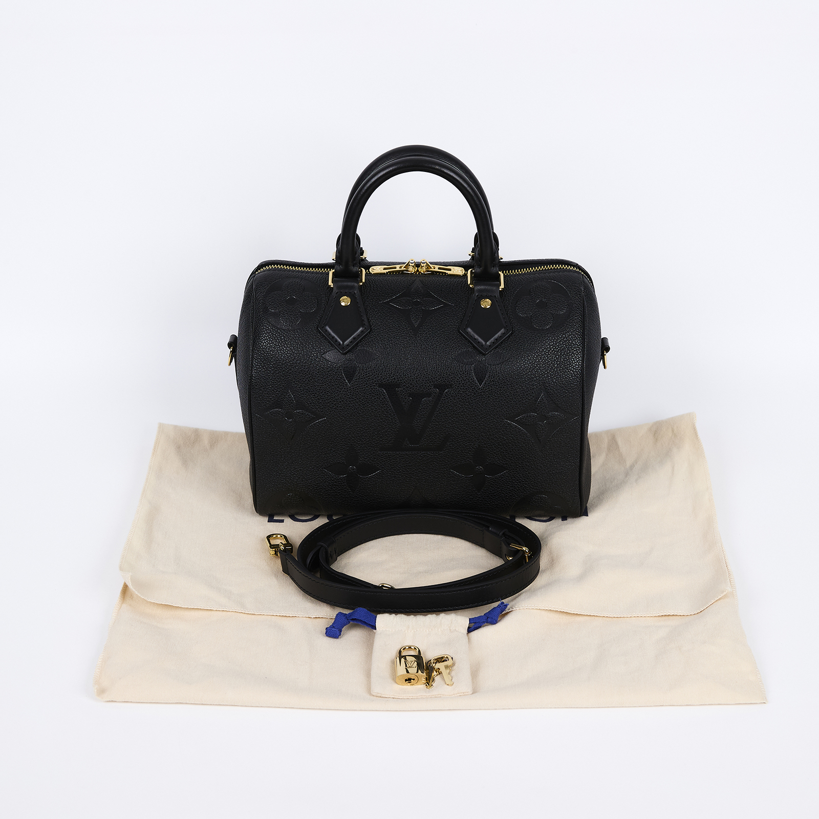 路易威登 LOUIS VUITTON Speedy Bandoulière  25 黑色 大LOGO 手提 斜背 波士頓包 M58951 晶片款  防塵袋/背帶/鎖組