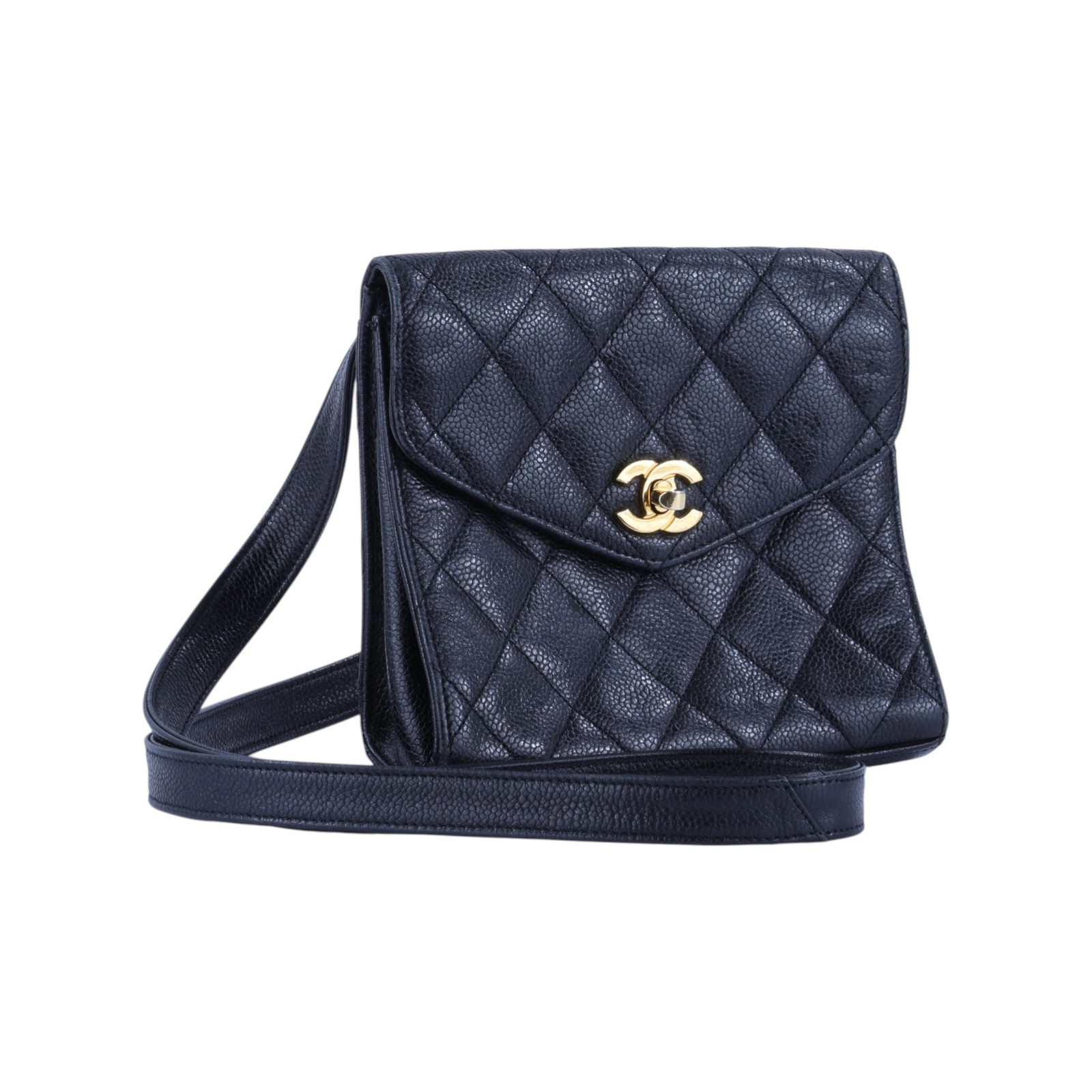 香奈兒 CHANEL CC LOGO Envelope Flap 菱格紋 信封包 斜背包  2開 黑金荔枝口蓋斜背包 無附屬品