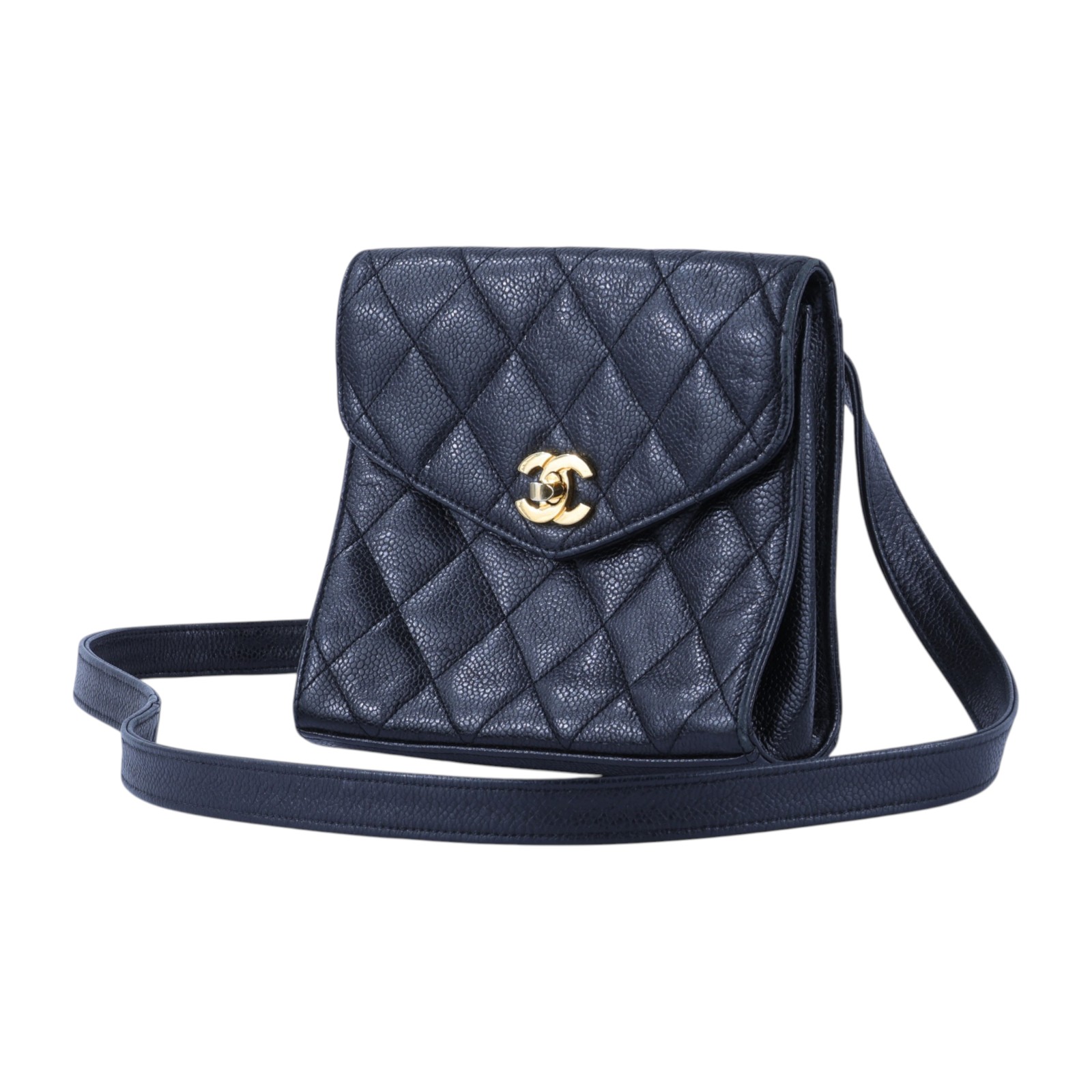 香奈兒 CHANEL CC LOGO Envelope Flap 菱格紋 信封包 斜背包  2開 黑金荔枝口蓋斜背包 無附屬品