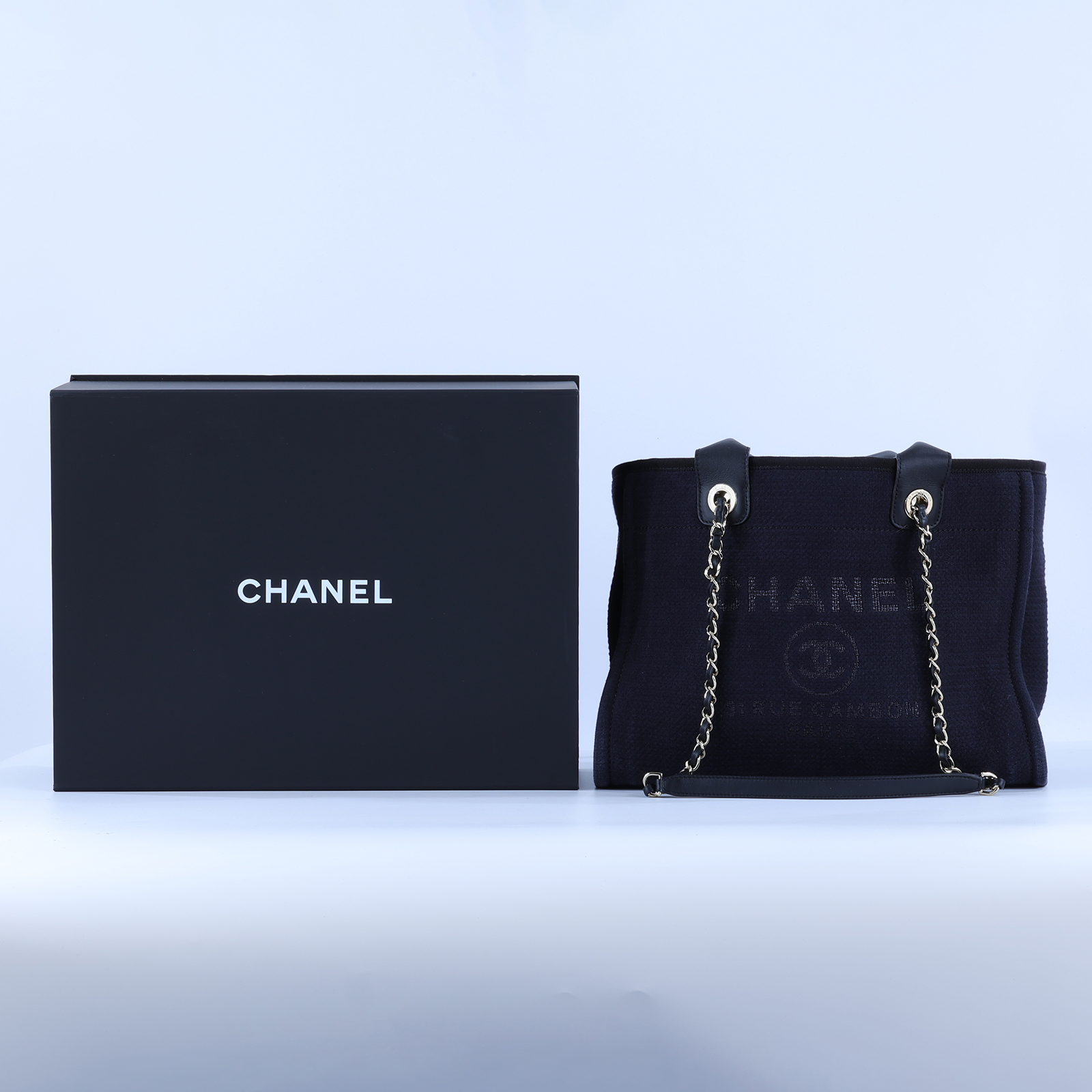 香奈兒 CHANEL 沙灘包 托特包 AS3351_帆布 晶片款 深藍帆布沙灘包 防塵袋/原廠盒子