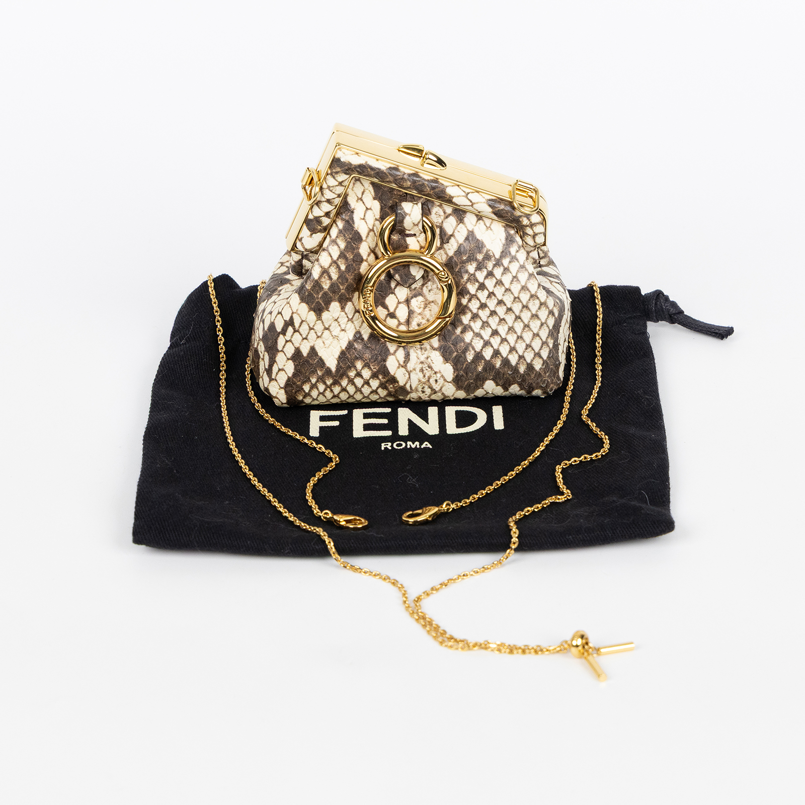 芬迪 FENDI First Nano 口金鏈條小包 零錢包 7AS051 蛇皮壓紋NANO FIRST 防塵袋