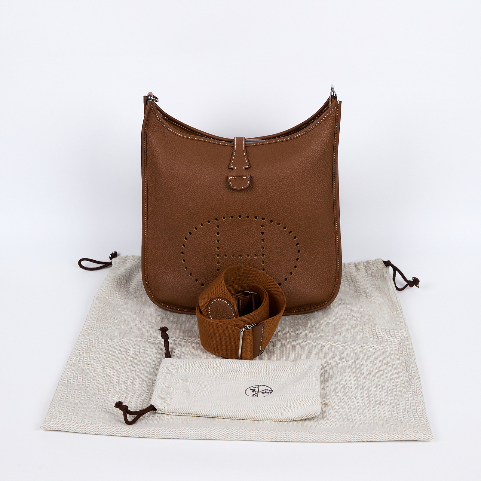 愛馬仕 Hermes Evelyne Bag 伊芙琳包 29 馬蹄型 EV29 B刻 金棕EVELYNE29 防塵袋/背帶