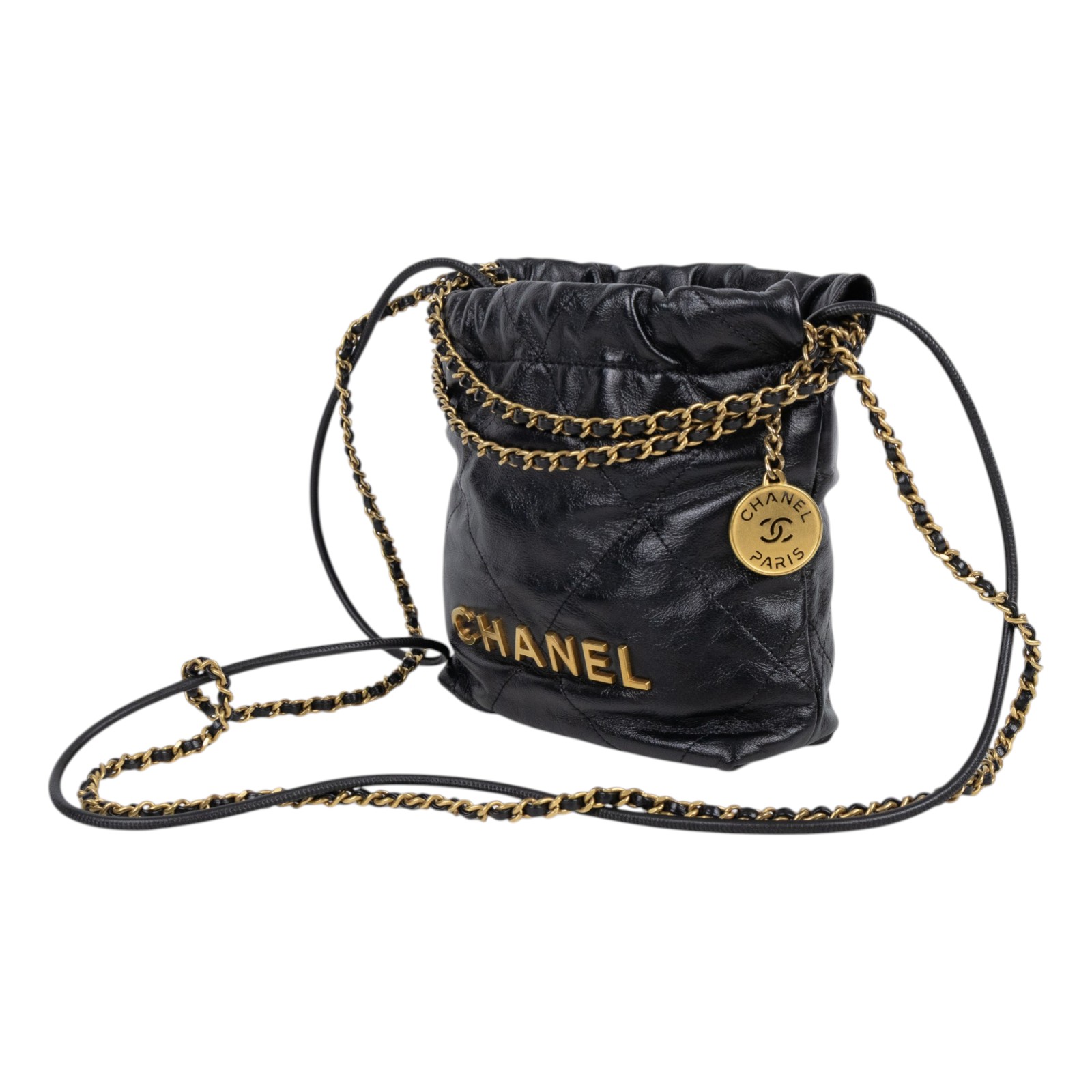 香奈兒 CHANEL 22 迷你 束口包 AS3980 晶片款 黑金小牛皮22包 MINI 新版 原廠盒子/防塵袋