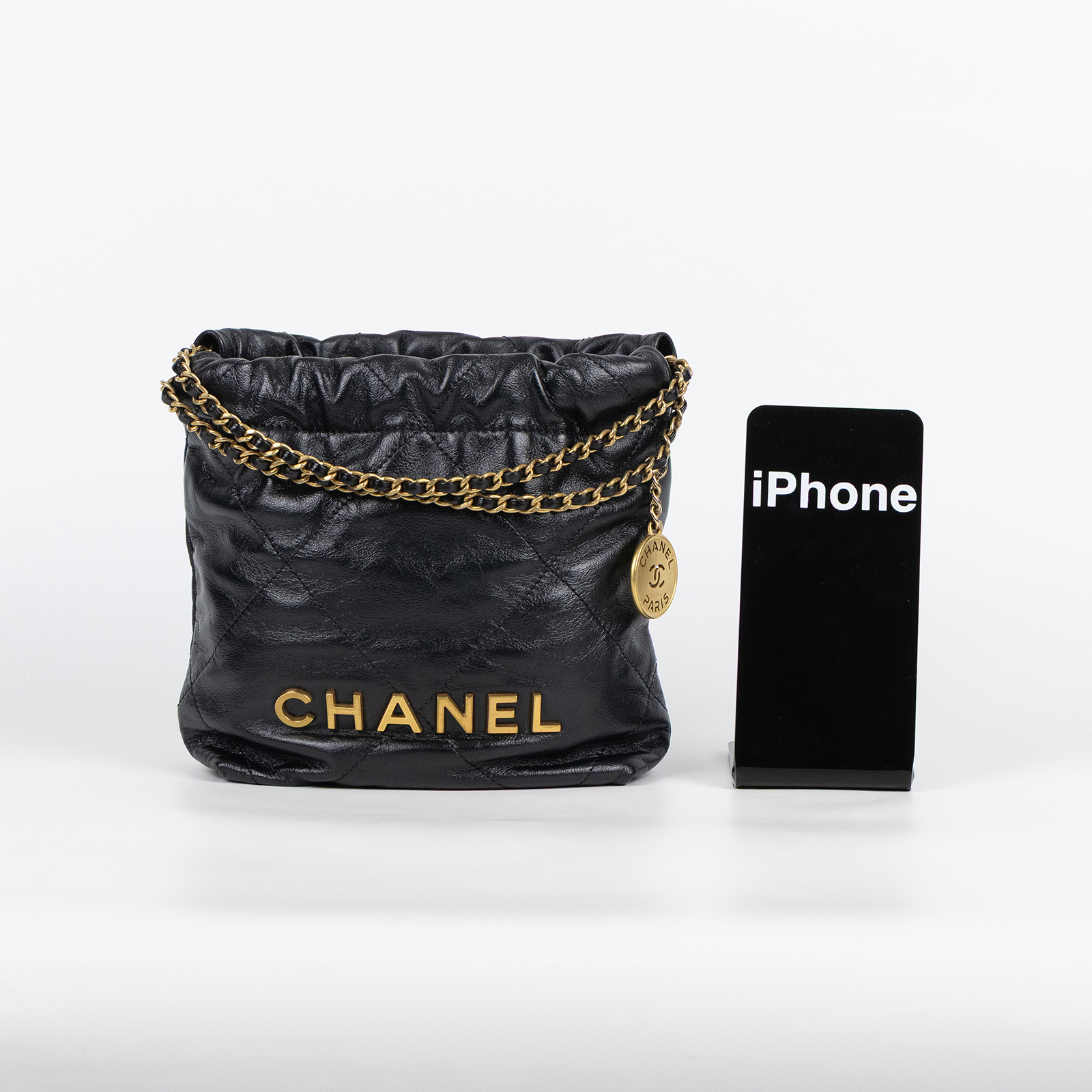 香奈兒 CHANEL 22 迷你 束口包 AS3980 晶片款 黑金小牛皮22包 MINI 新版 原廠盒子/防塵袋