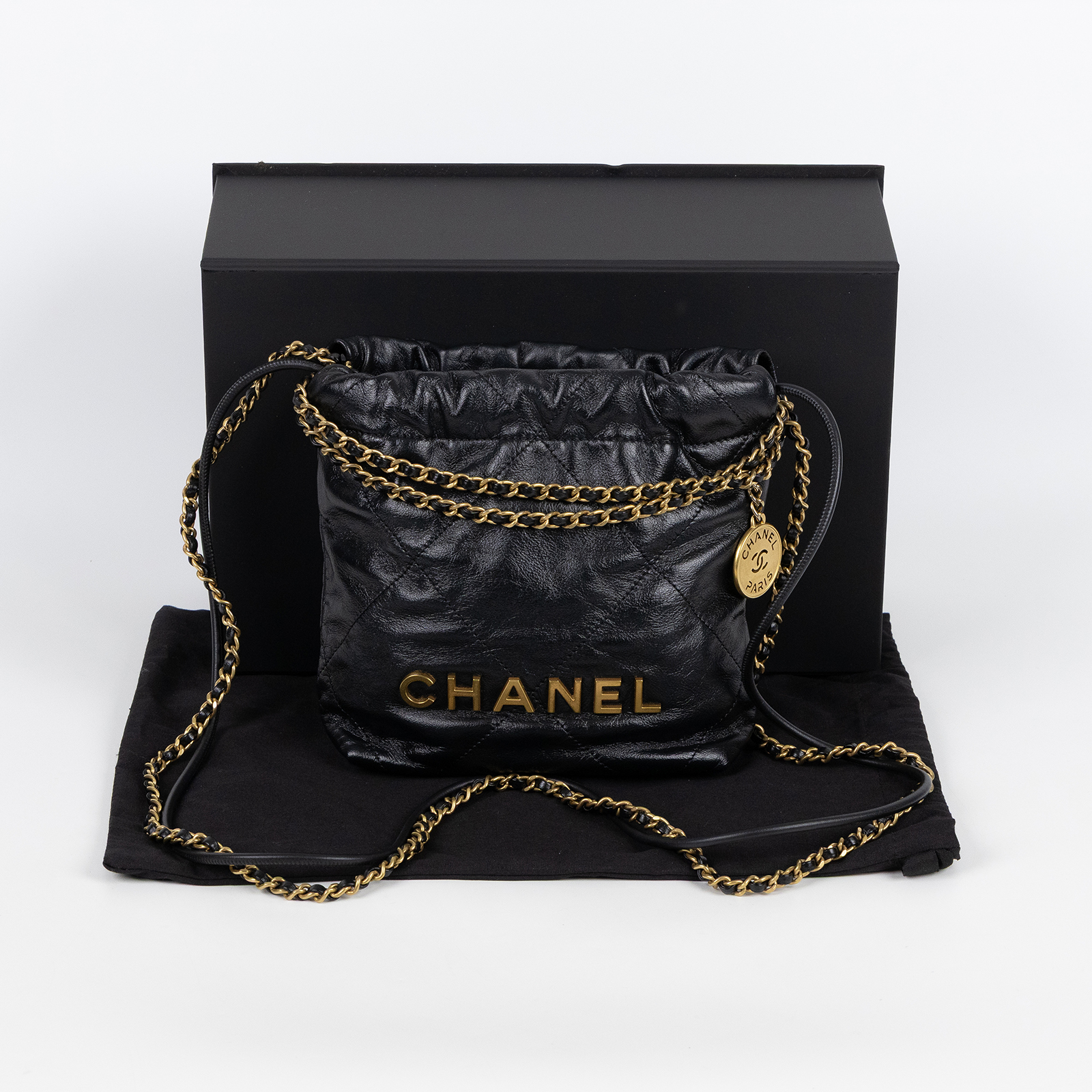 香奈兒 CHANEL 22 迷你 束口包 AS3980 晶片款 黑金小牛皮22包 MINI 新版 原廠盒子/防塵袋