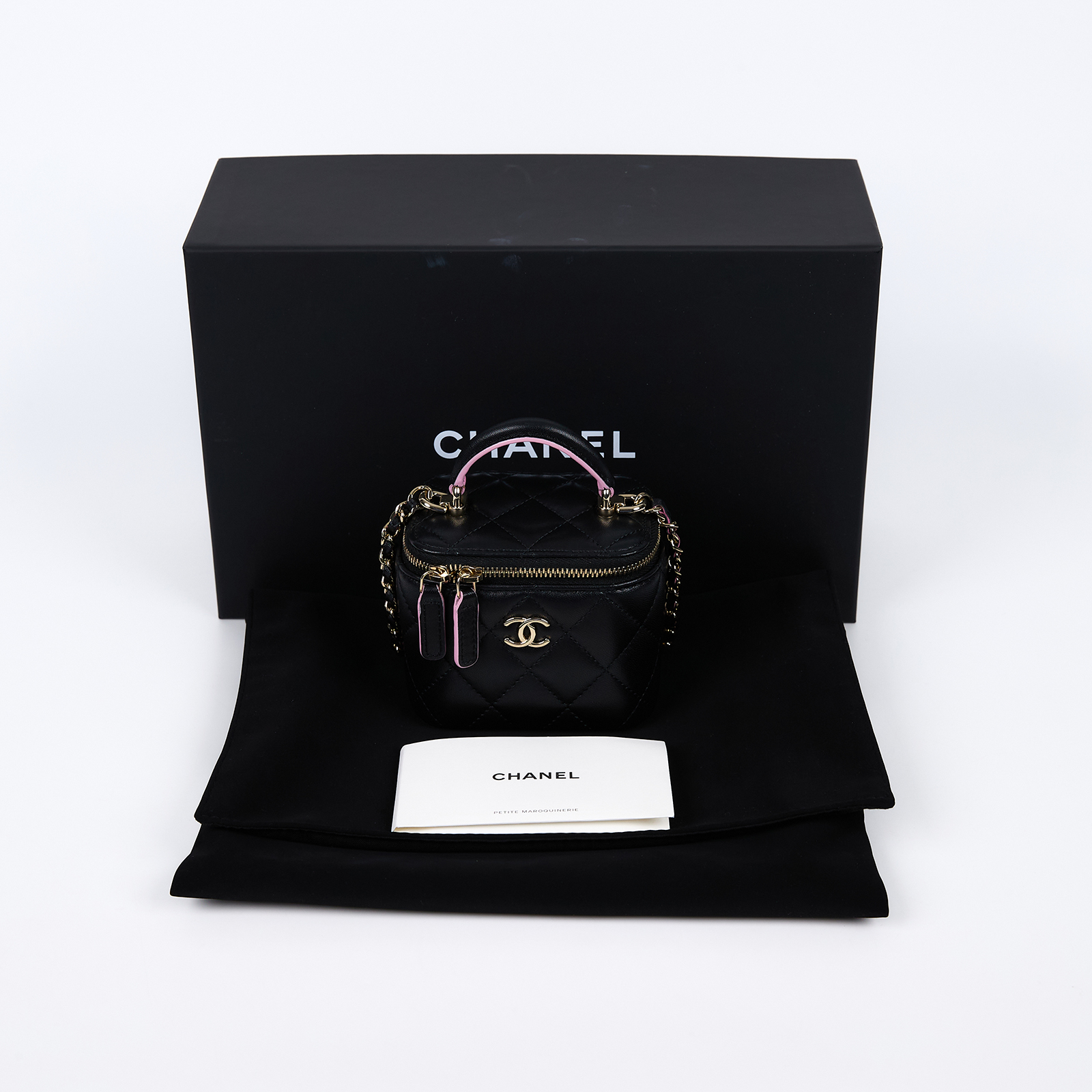 香奈兒 CHANEL Vanity Case 迷你 化妝箱 AP2198 晶片款 黑拚粉手提化妝箱 原廠盒子/防塵袋