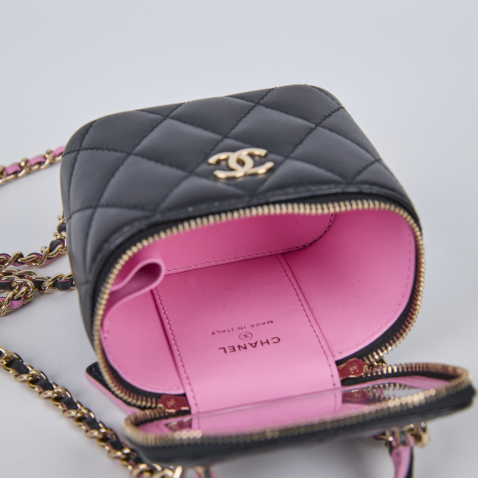 香奈兒 CHANEL Vanity Case 迷你 化妝箱 AP2198 晶片款 黑拚粉手提化妝箱 原廠盒子/防塵袋