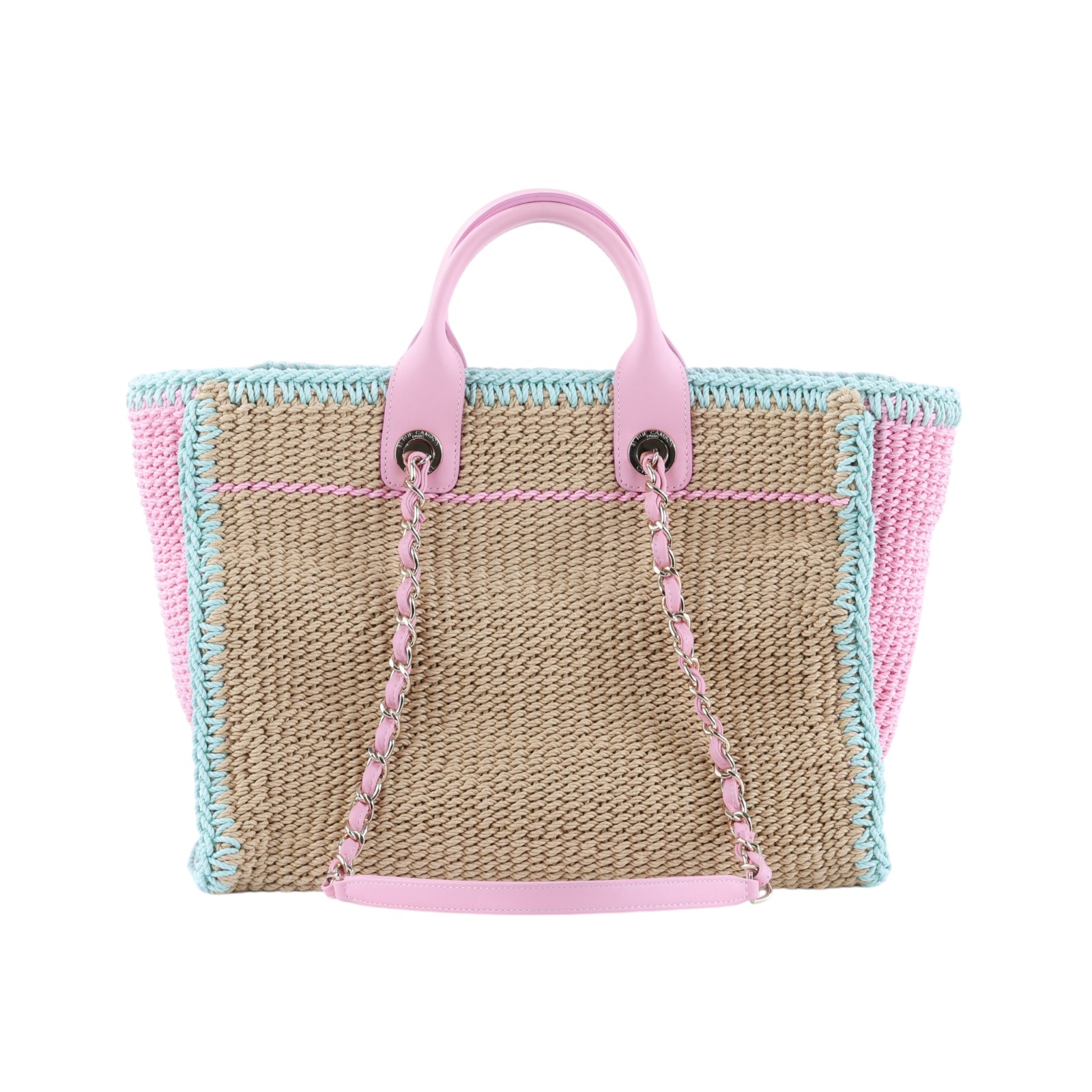 香奈兒 CHANEL 沙灘包 托特包  晶片款 粉藍拚色編織沙灘包 防塵袋