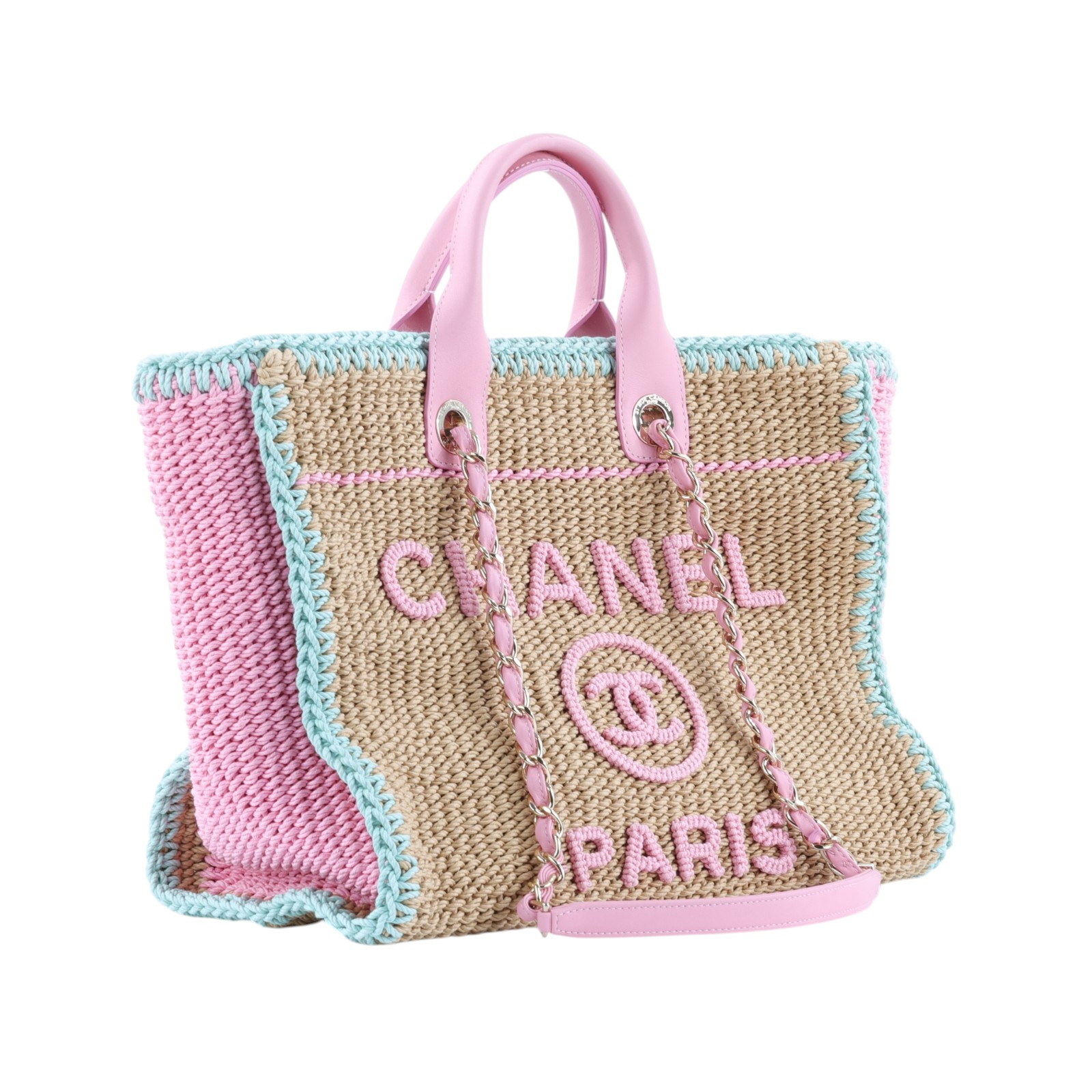 香奈兒 CHANEL 沙灘包 托特包  晶片款 粉藍拚色編織沙灘包 防塵袋