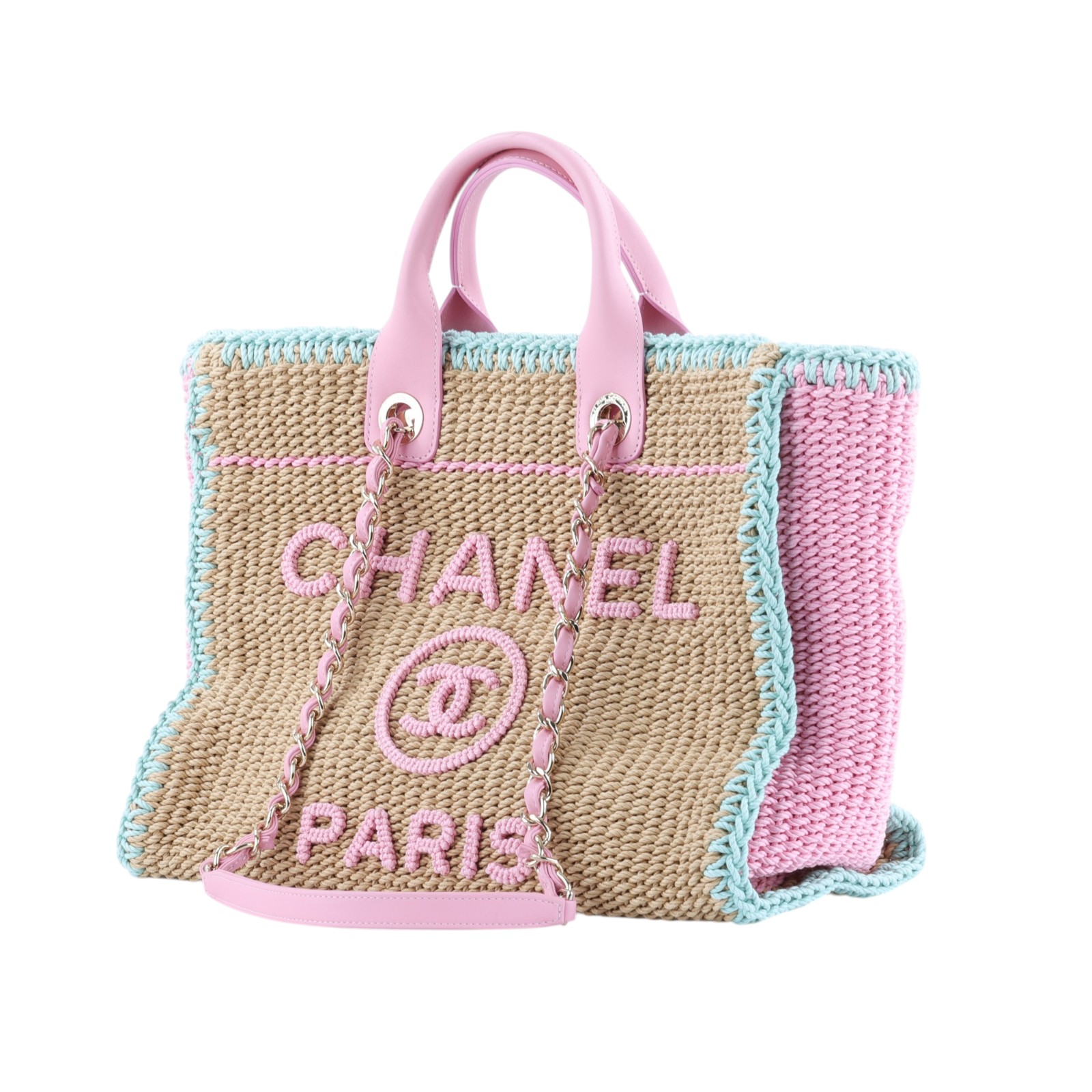 香奈兒 CHANEL 沙灘包 托特包  晶片款 粉藍拚色編織沙灘包 防塵袋