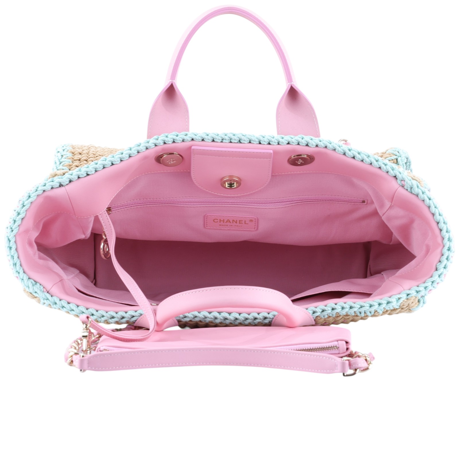 香奈兒 CHANEL 沙灘包 托特包  晶片款 粉藍拚色編織沙灘包 防塵袋