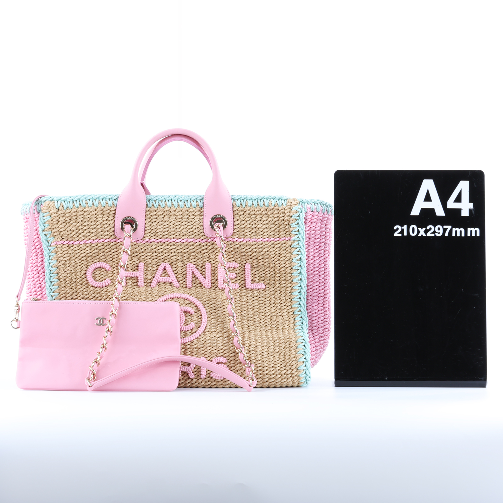 香奈兒 CHANEL 沙灘包 托特包  晶片款 粉藍拚色編織沙灘包 防塵袋