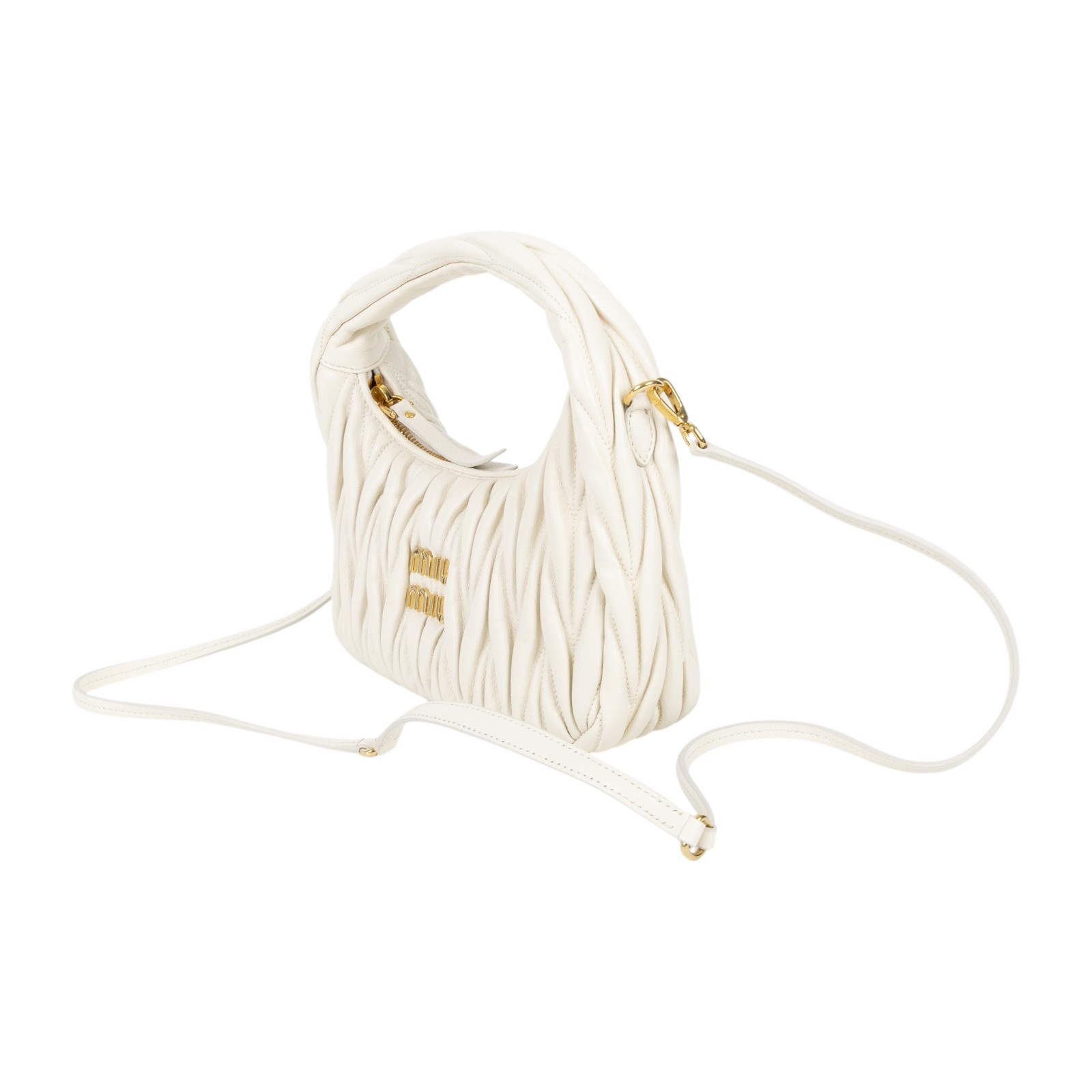 繆繆 MIU MIU Wander Matelasse 納帕皮革半月形手袋 5BC125_AN88 白抓皺WANDER半月包 小號 防塵袋