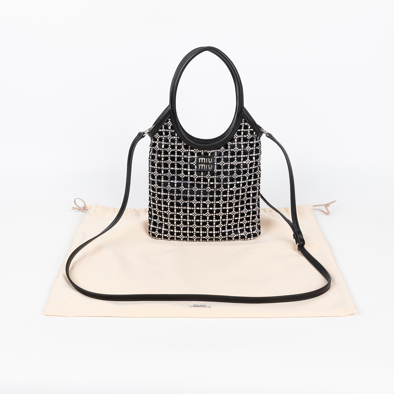 繆繆 MIU MIU Ivy 帆布手袋 迷你 5BA281_2F7L 黑緞面水鑽IVY 防塵袋