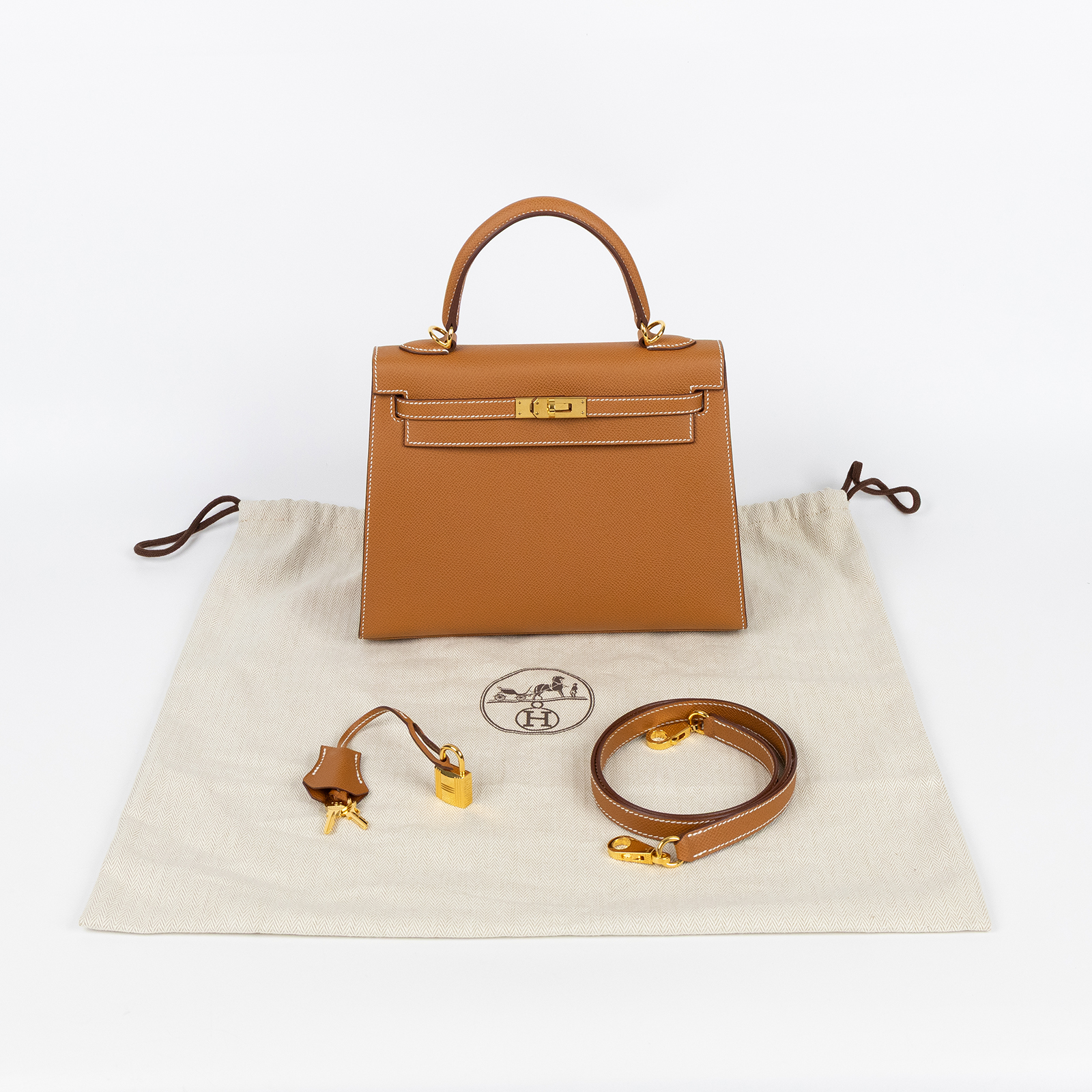 愛馬仕 Hermes Kelly Bag 凱莉包 25 KL25 UMA542DE U刻金棕金KELLY25 EPSOM 防塵袋/鎖組/背帶