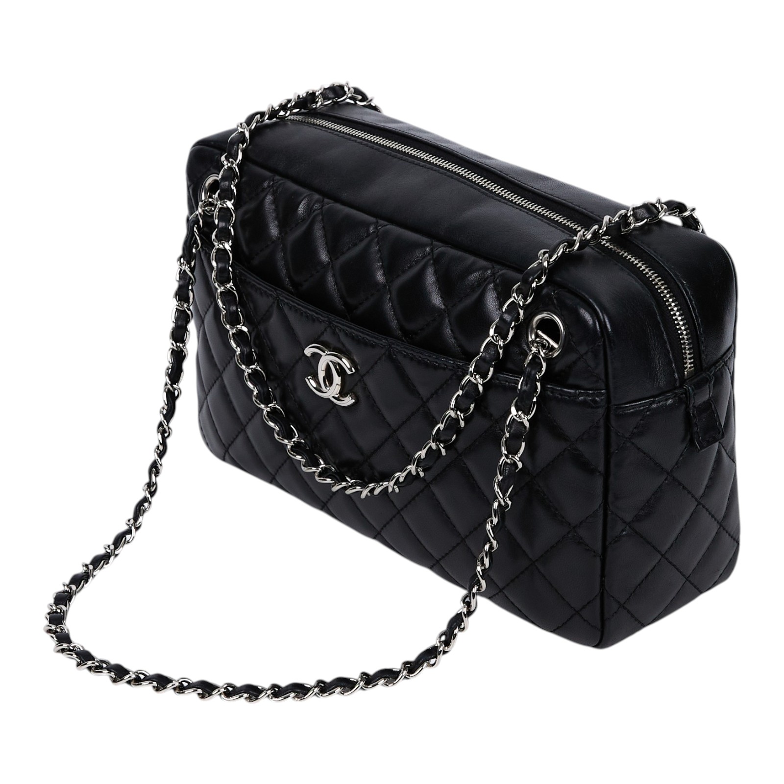 香奈兒 CHANEL Matelasse 肩背包  12開黑銀羊肩背包 防塵袋/保證卡