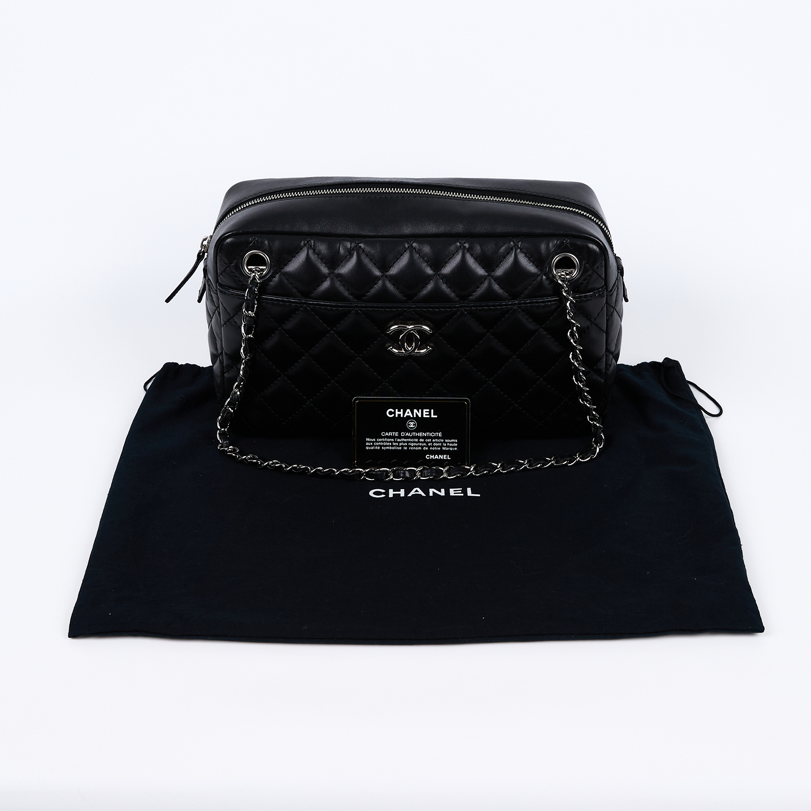 香奈兒 CHANEL Matelasse 肩背包  12開黑銀羊肩背包 防塵袋/保證卡