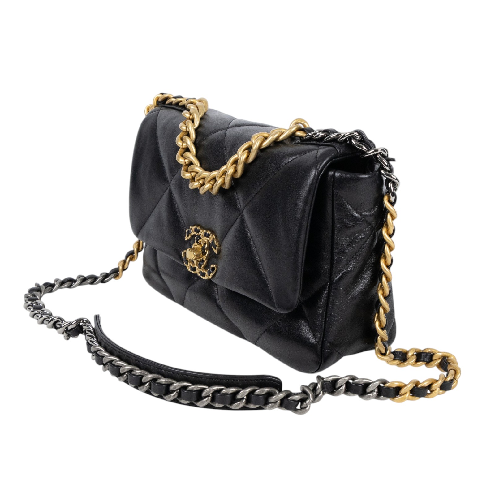 香奈兒 CHANEL 19 口蓋包 菱格紋 金銀鍊帶 手提 肩背包 AS1160 晶片款 黑金19包 26CM 原廠盒子/防塵袋