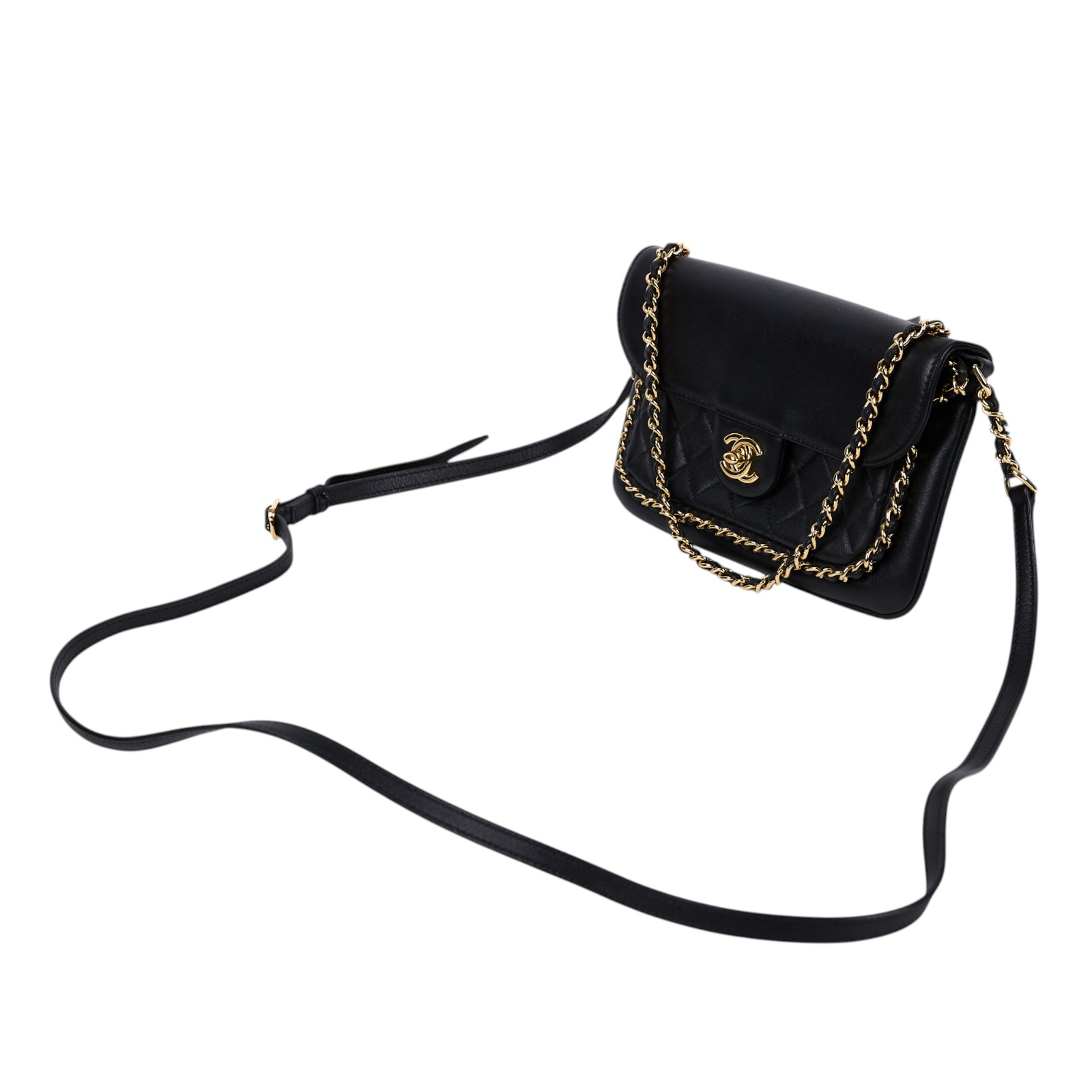 香奈兒 CHANEL Unchained 口蓋包  23開黑羊鍊條斜背包 保證卡