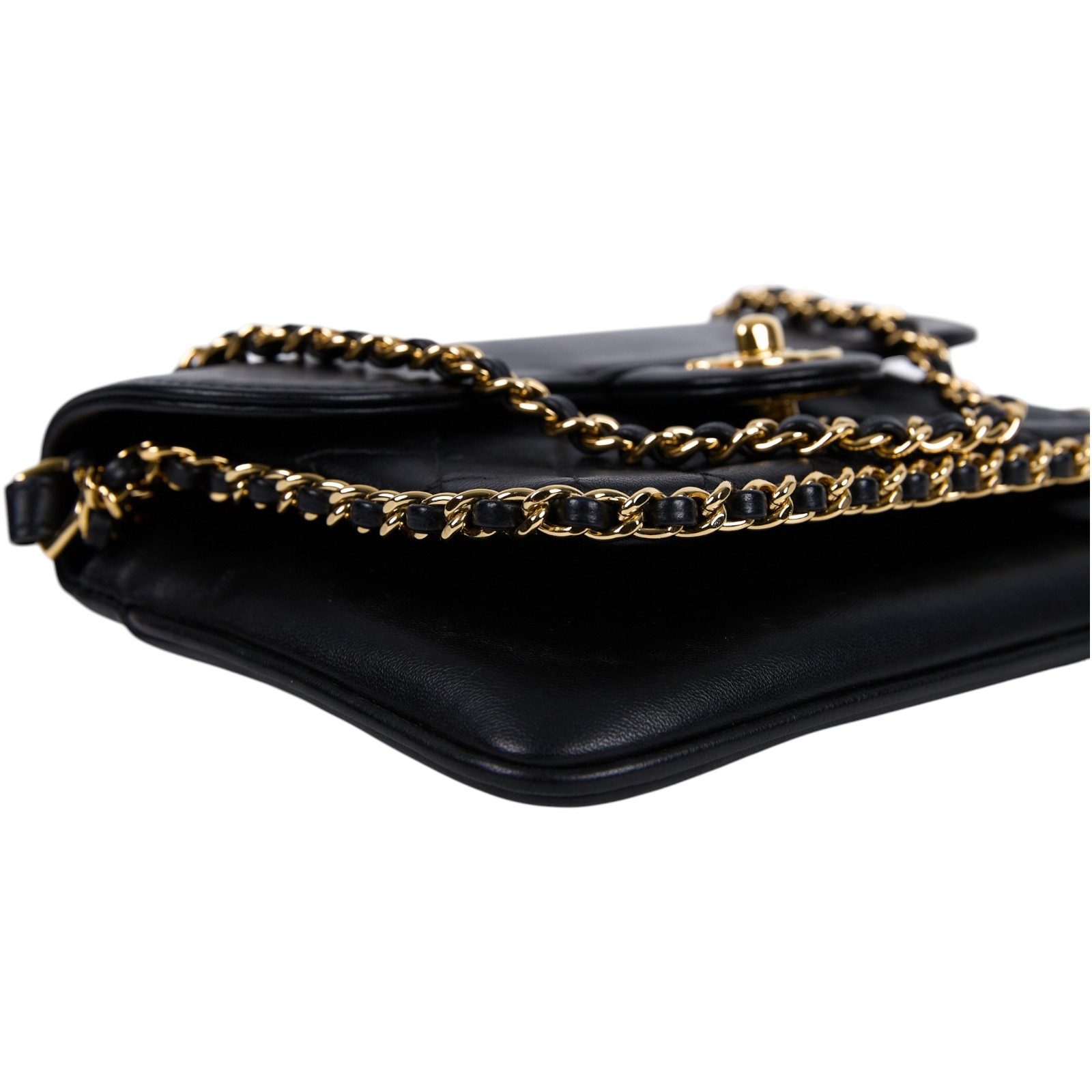 香奈兒 CHANEL Unchained 口蓋包  23開黑羊鍊條斜背包 保證卡