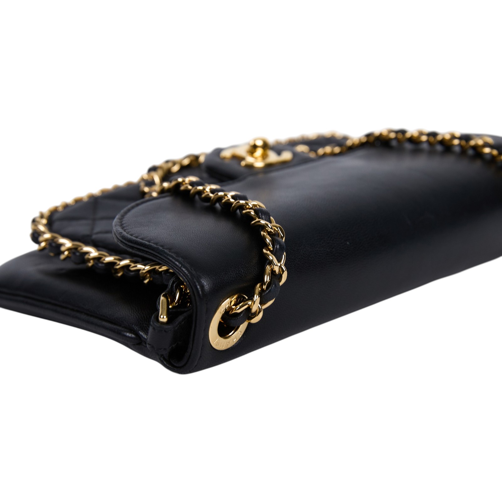 香奈兒 CHANEL Unchained 口蓋包  23開黑羊鍊條斜背包 保證卡