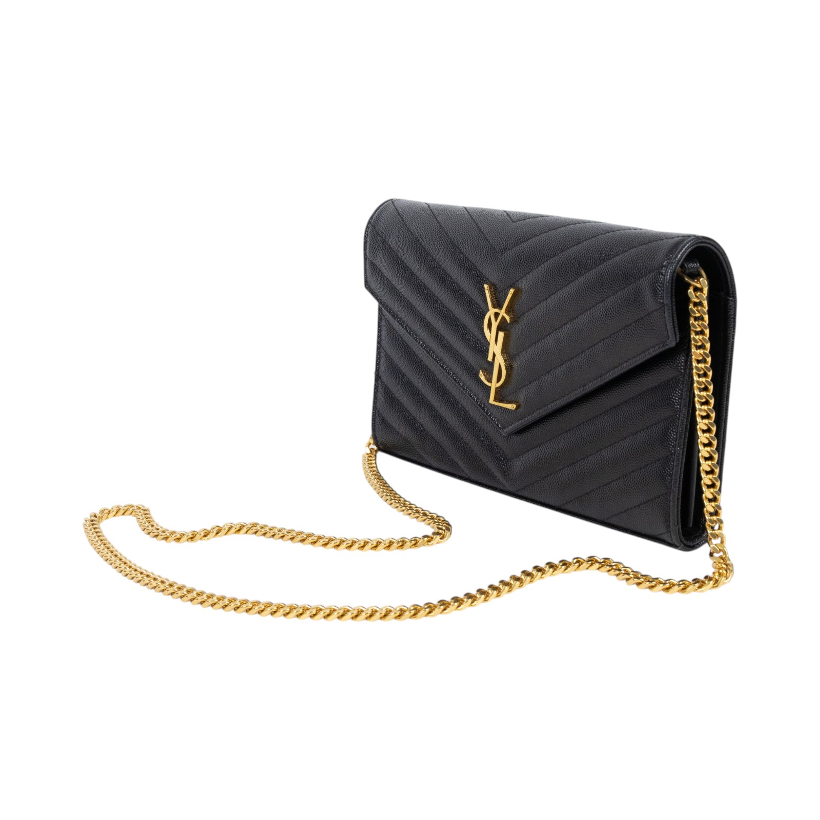 聖羅蘭 YSL SAINT LAURENT Cassandre 經典粒面皮革 鏈條 錢包 金色五金 377828BOW01 黑金魚子醬WOC 無附屬品