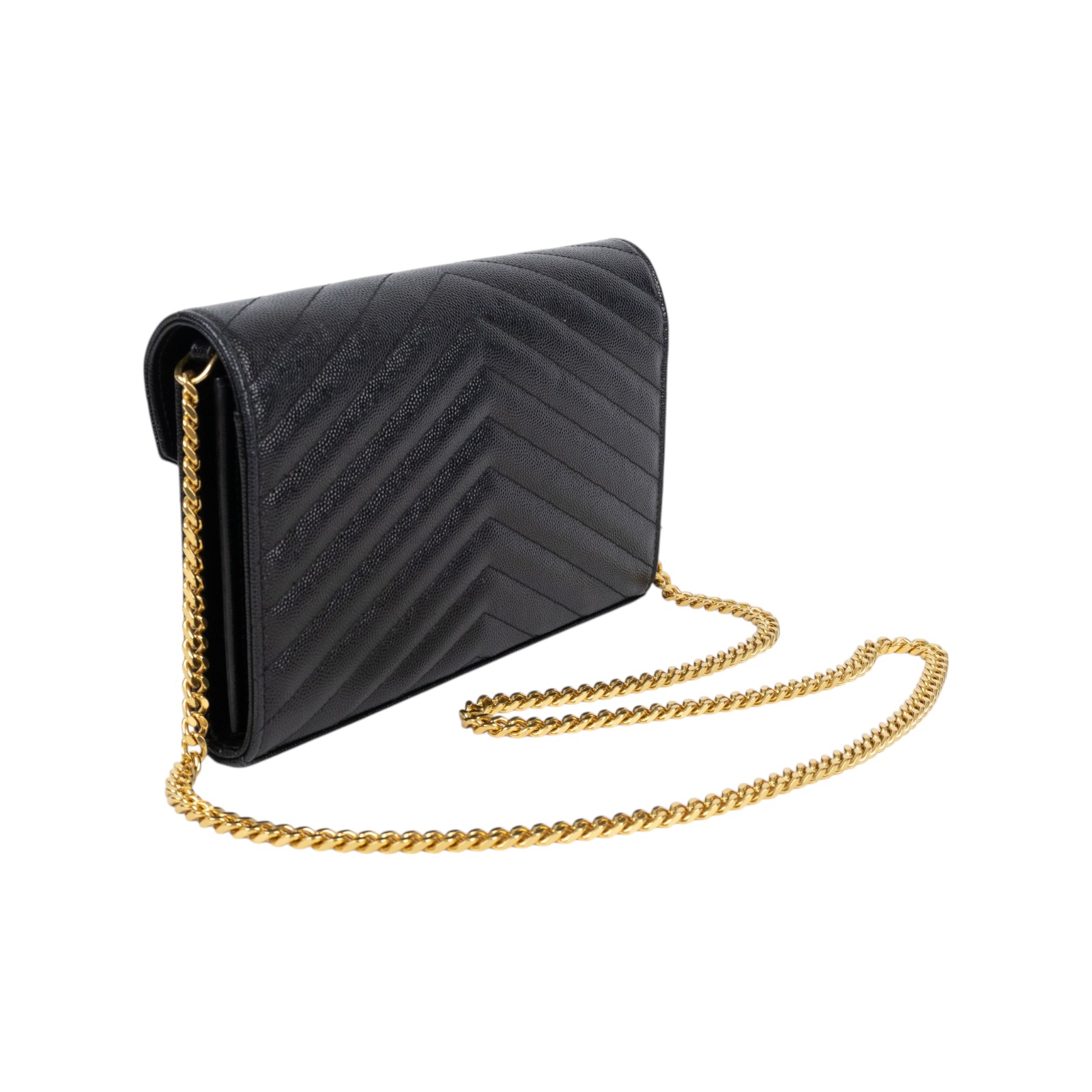 聖羅蘭 YSL SAINT LAURENT Cassandre 經典粒面皮革 鏈條 錢包 金色五金 377828BOW01 黑金魚子醬WOC 無附屬品